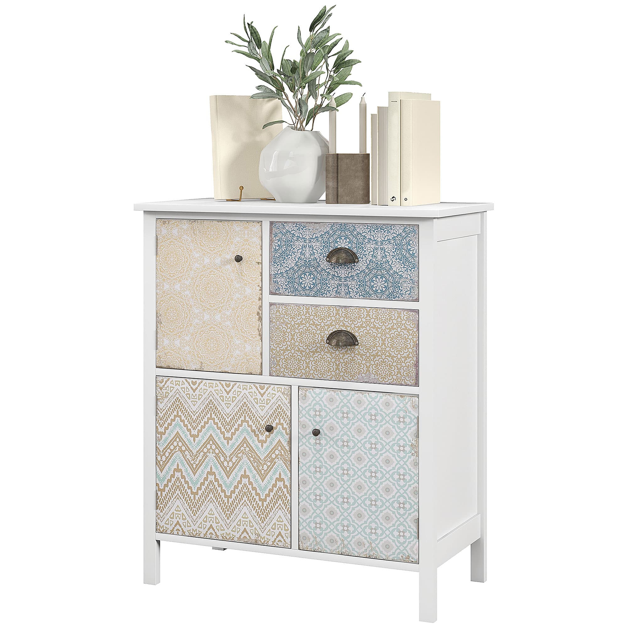 HOMCOM Sideboard, Commode Shabby Chic, 2 Tiroirs, 3 Compartiments, Bois de pin, 68x34x80cm, Blanc