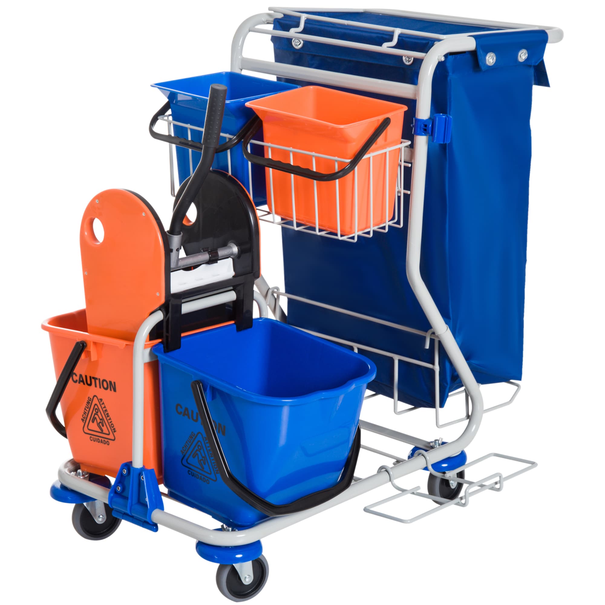 HOMCOM Chariot de Nettoyage 4 Seaux avec Presse à Balai et Roulettes Bleu Orange 93 x 80 x 97 cm