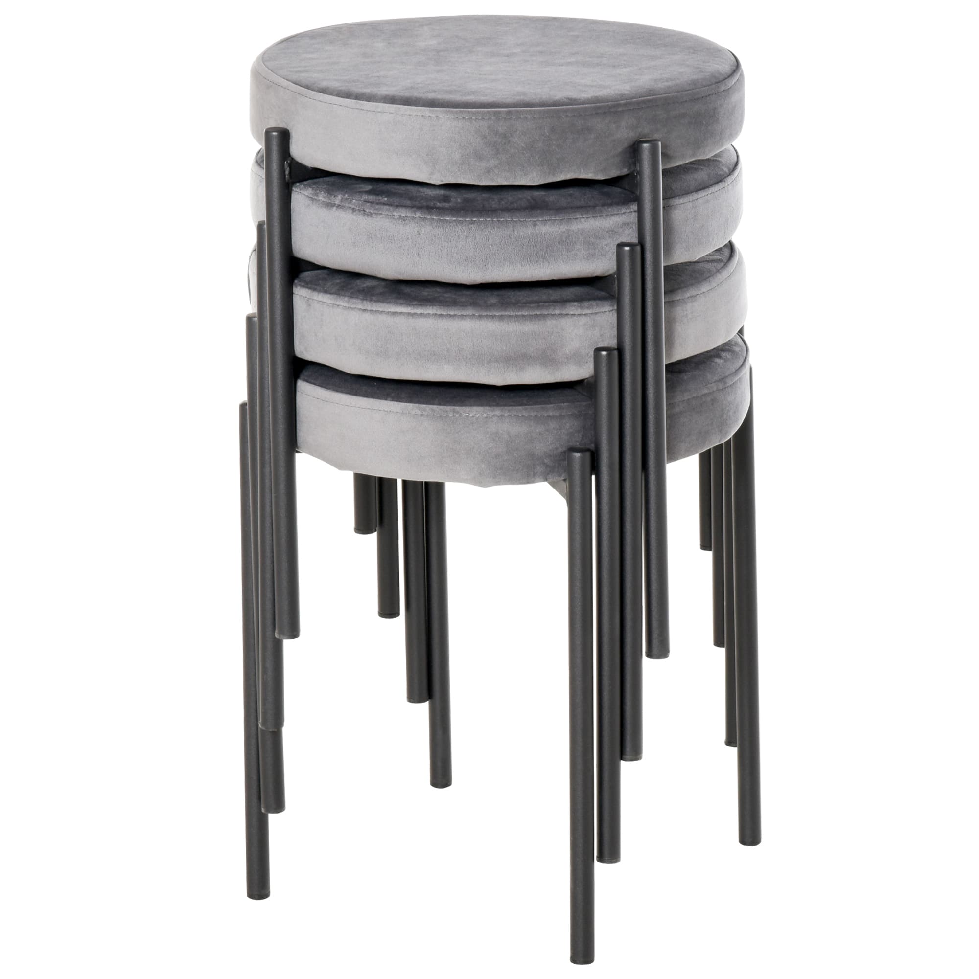 HOMCOM Ensemble de 4 Tabourets de Cuisine Empilables Chaises de Salle à Manger en Velours, Tabouret de Bar en Métal Gris 41,5x41,5x46cm
