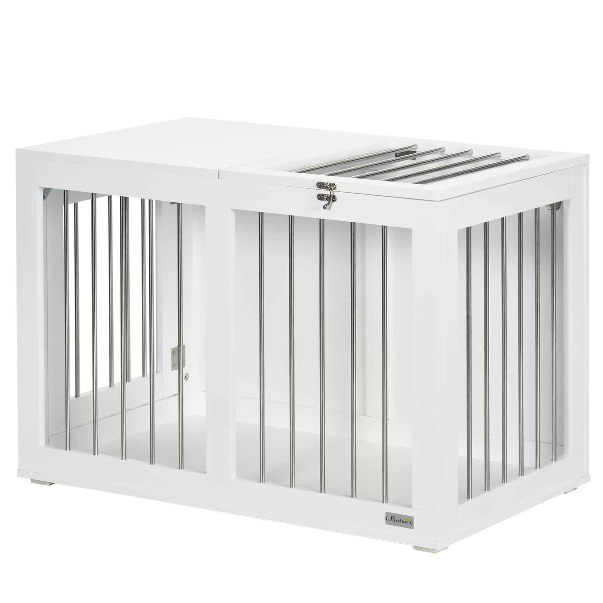 PawHut Cage pour Chien avec 2 Portes, Niche pour Chien, Verrouillable, Grilles en Acier, 80 cm x 50 cm x 56,5 cm, Blanc + Argent