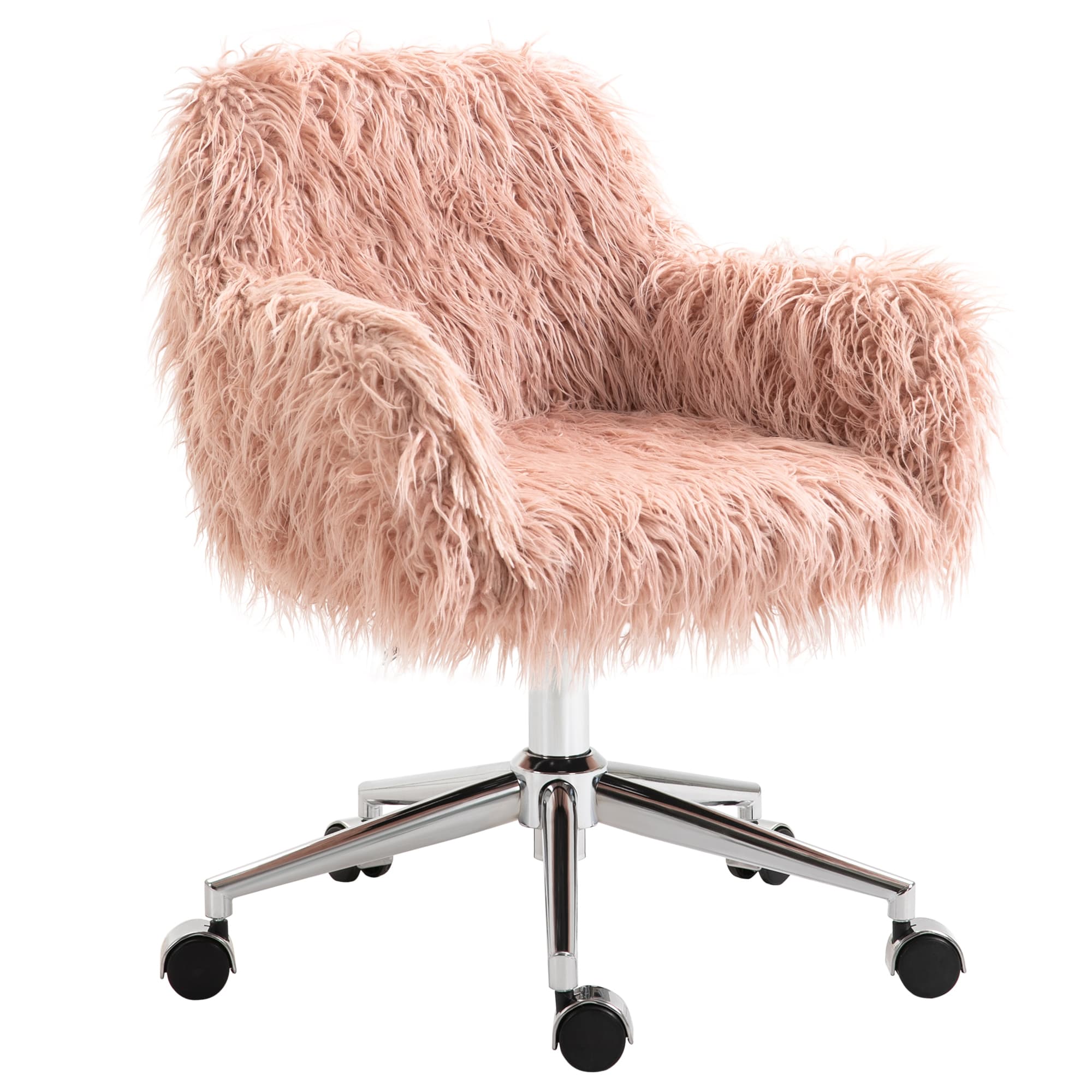 Vinsetto Chaise de Bureau Pivotante Fauteuil de Maquillage en Fausse Fourrure Réglable en Hauteur pour Filles Fausse Fourrure Mousse Rose+Argent 57 x 60 x 75-85 cm