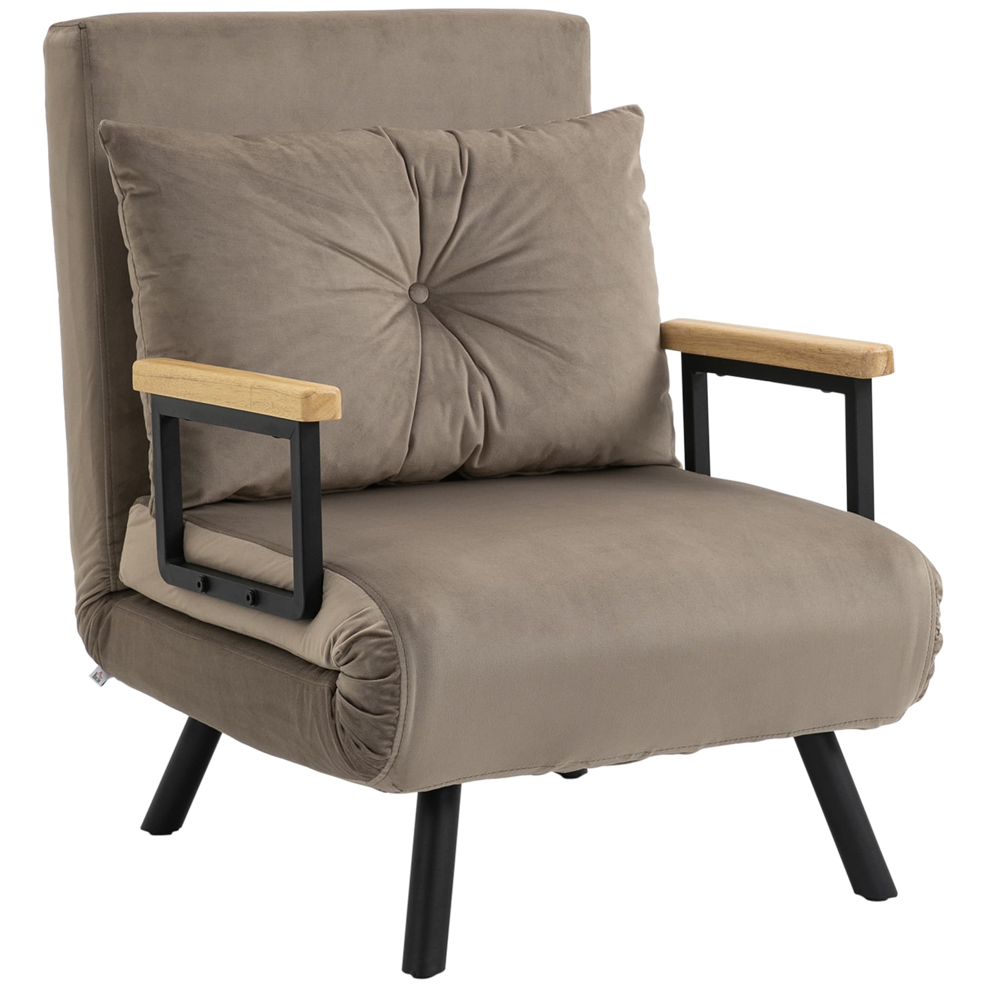 HOMCOM Fauteuil convertible 3 en 1 lit 1 place dossier 5 positions, accoudoirs en bois et coussin, tissu effet velours, marron