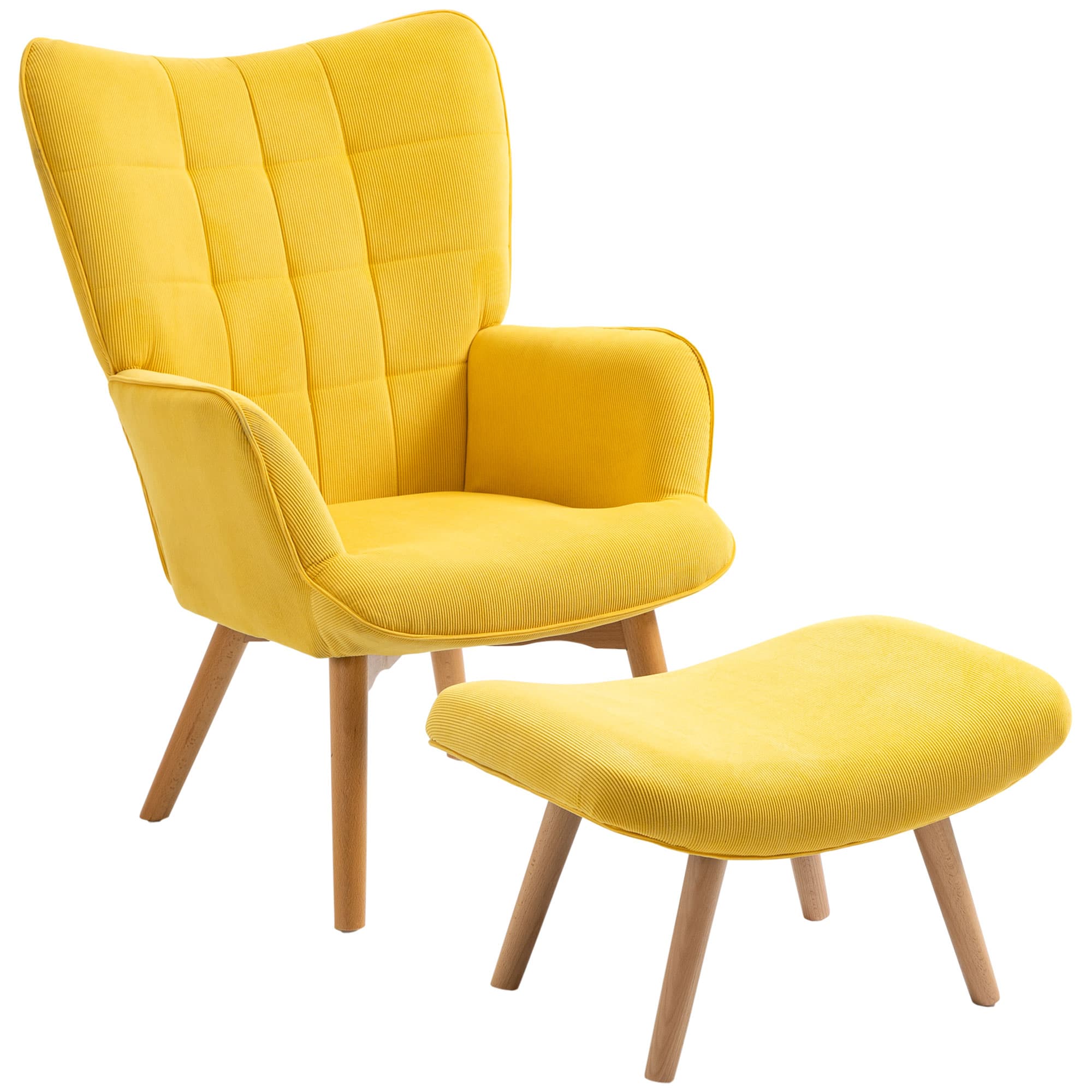 HOMCOM Fauteuil d'Accentuation avec Repose-Pieds, Fauteuil de Relaxation en Aspect Velours Côtelé, Fauteuil avec Accoudoirs en Bois, pour le Salon, Jaune