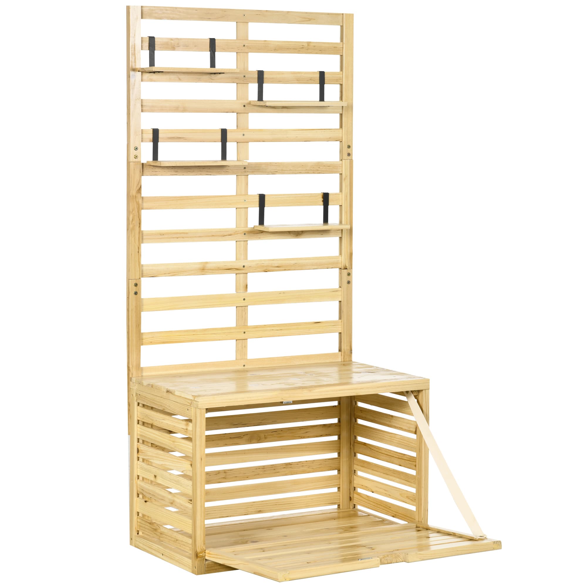 Outsunny Boîte de Rangement avec Treillis, 4 Étagères Suspendues, Porte Magnétique, Bois Massif, Naturel, 80 x 45 x 160 cm