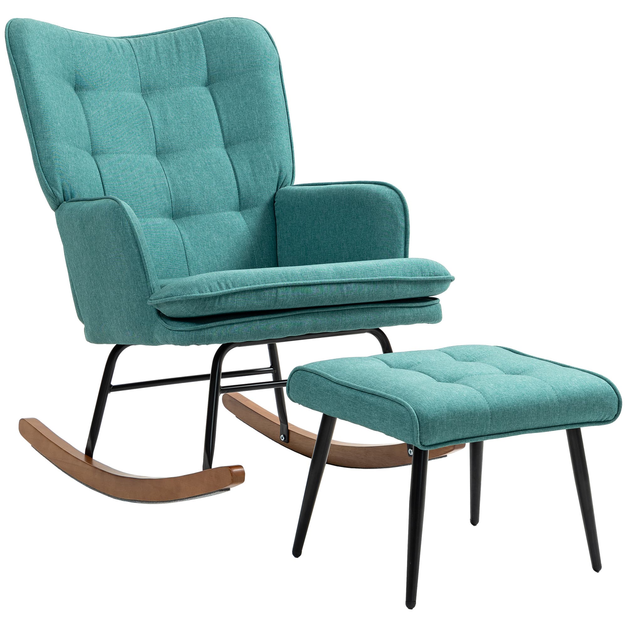HOMCOM Fauteuil à Bascule avec Repose-Pieds, Assise Large, Dossier Haut, Imitation Lin, Vert Menthe