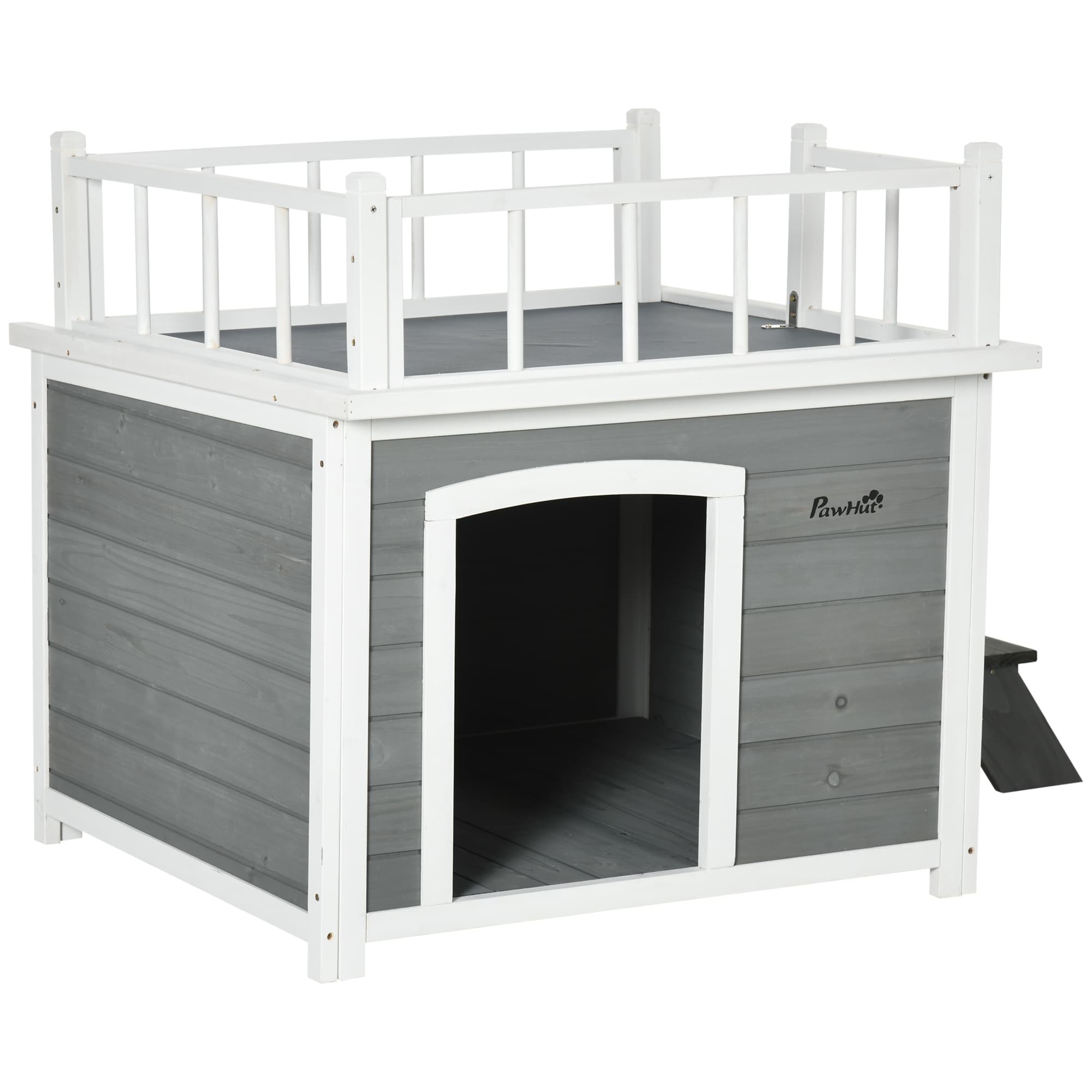 PawHut Chenil pour chiens, terrasse sur le toit, escalier, fenêtre, distance au sol, Bois naturel, gris clair, 121 x 77 x 78 cm