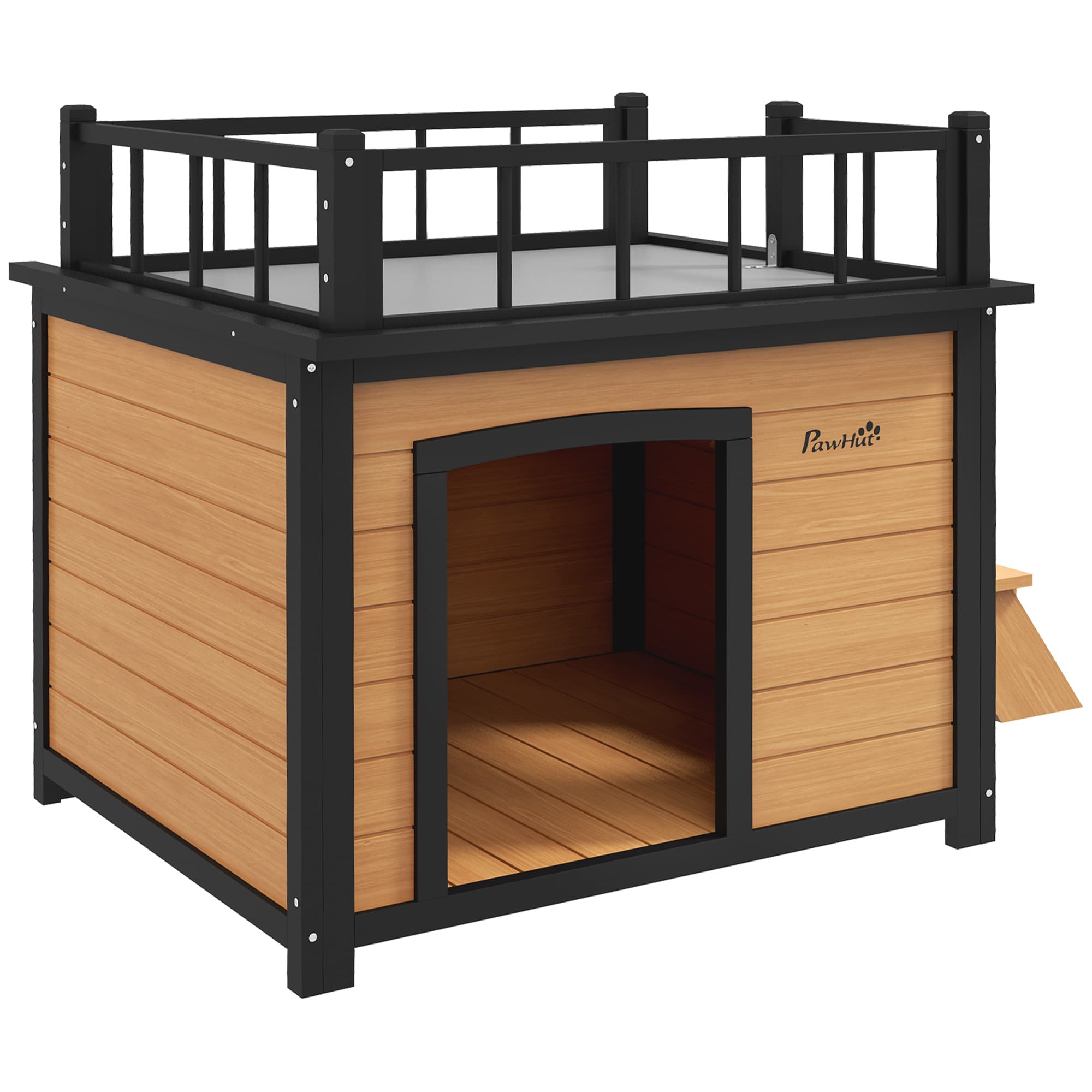 PawHut Niche pour chien avec terrasse sur le toit, résistante aux intempéries, bois, 121x77x78cm, noir/jaune