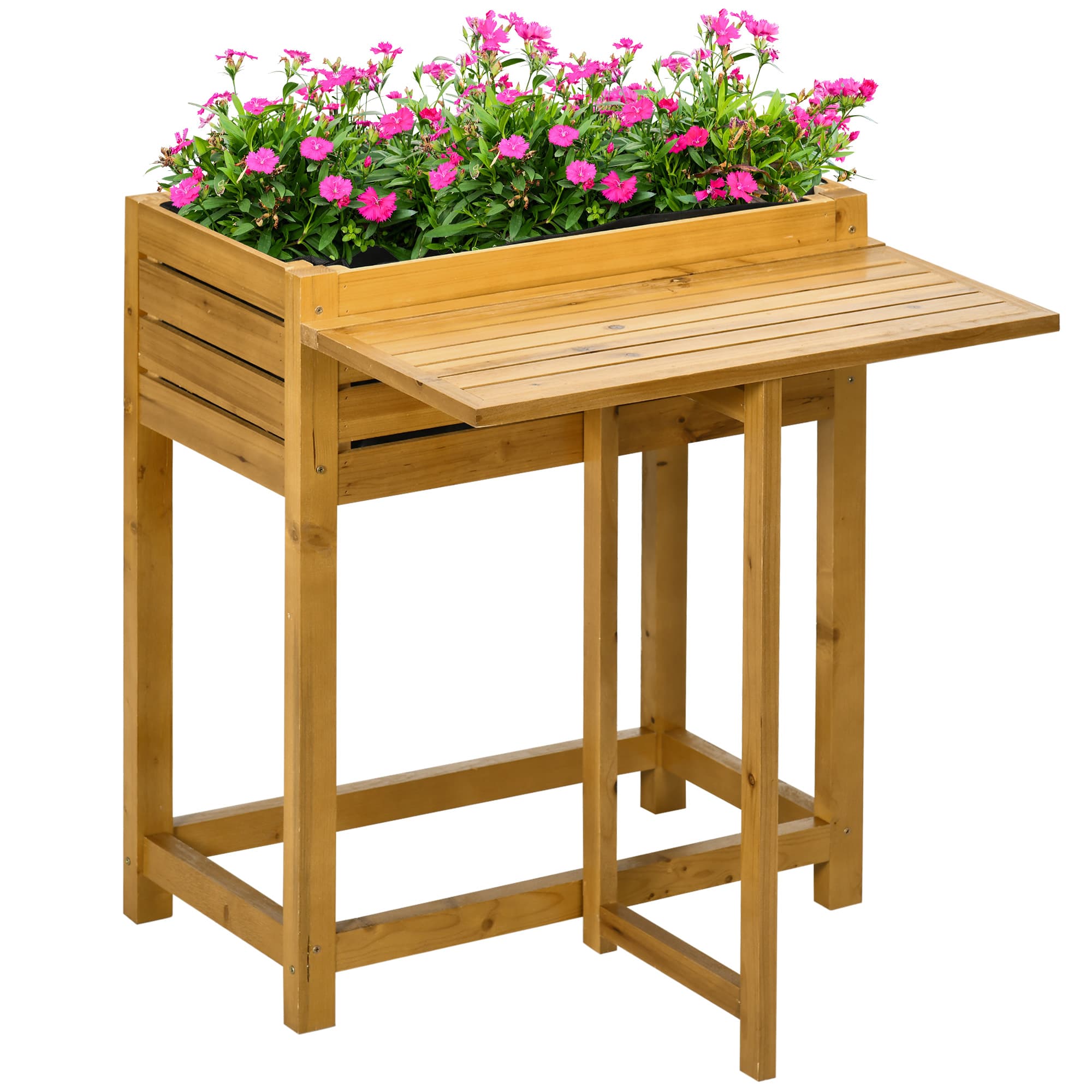 Outsunny Potager surélevé avec plan de travail pliable, Bois massif laqué, Doublure intérieure en feutre, 64cm x 63cm x 74,5cm