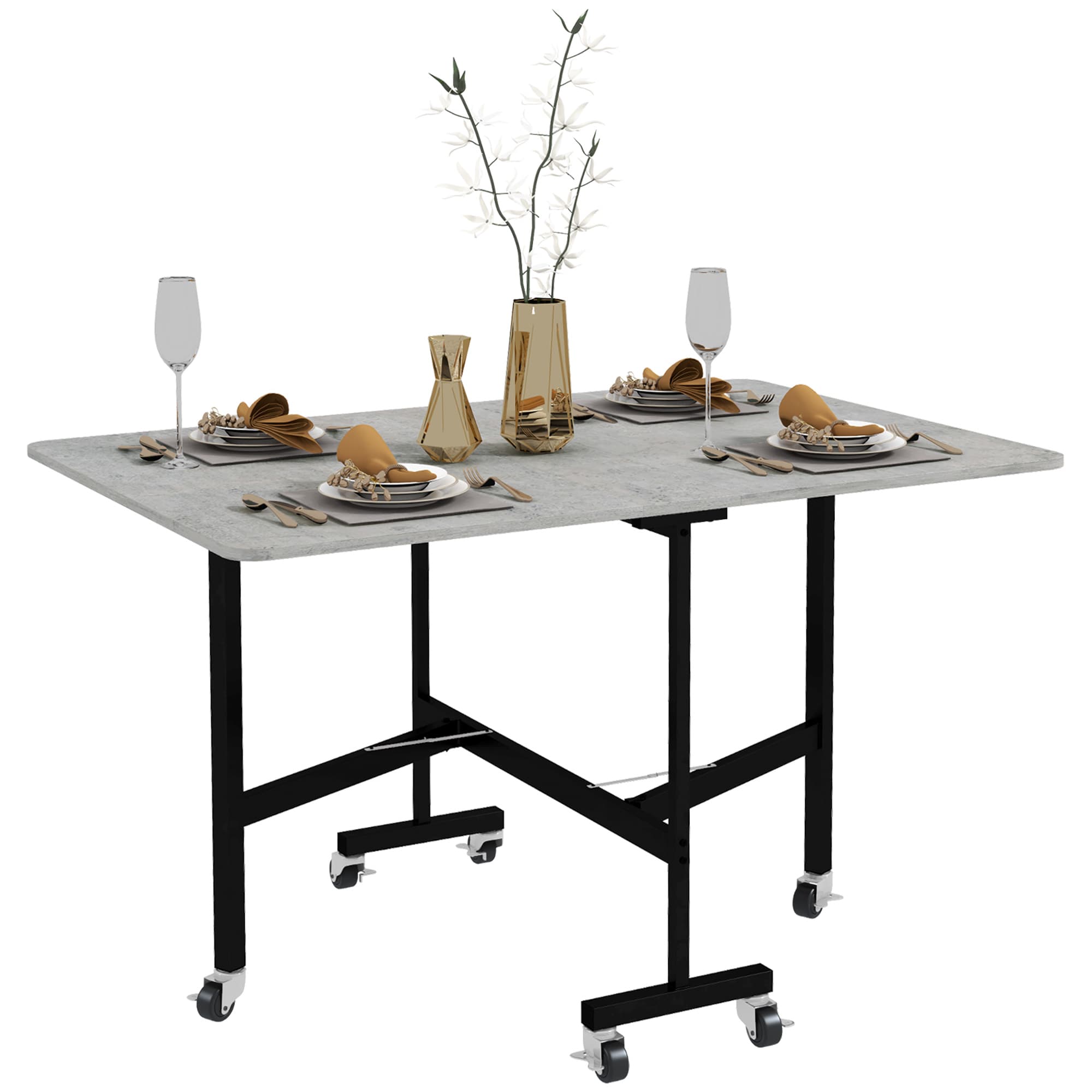 HOMCOM Table à manger pour 4-6 personnes, Table pliante avec roulettes, Structure en acier, 52,5-120 x 80 x 73 cm, Gris