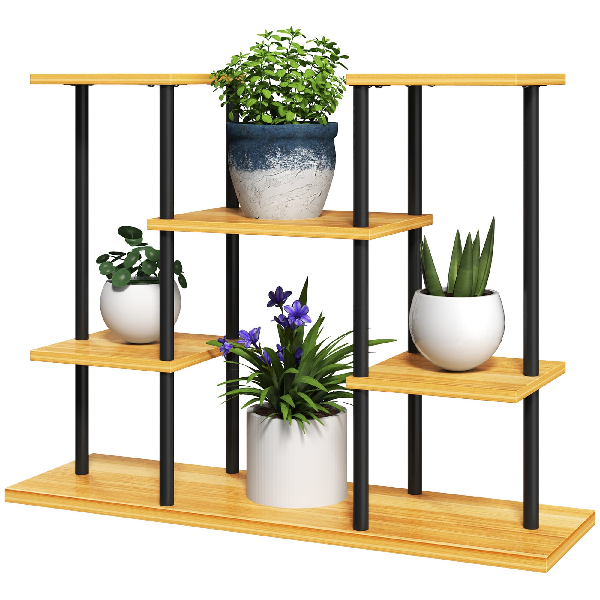 Outsunny Support plantes intérieur étagère plante à 4 niveaux cadre en acier base bois massif 80 x 24 x 61,5 cm bois naturel