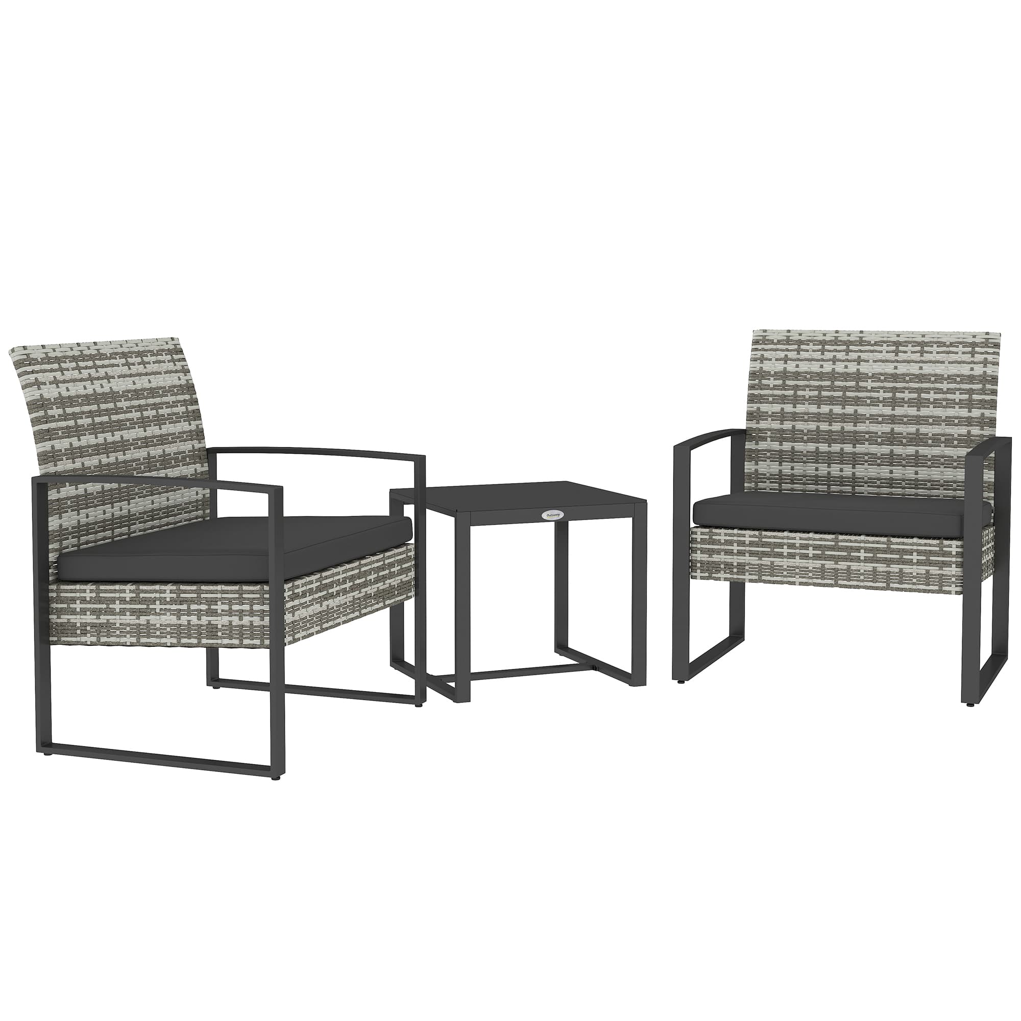 Outsunny Salon de jardin 3 pièces 2 chaises avec coussins + table basse plateau verre trempé résine tressée gris clair