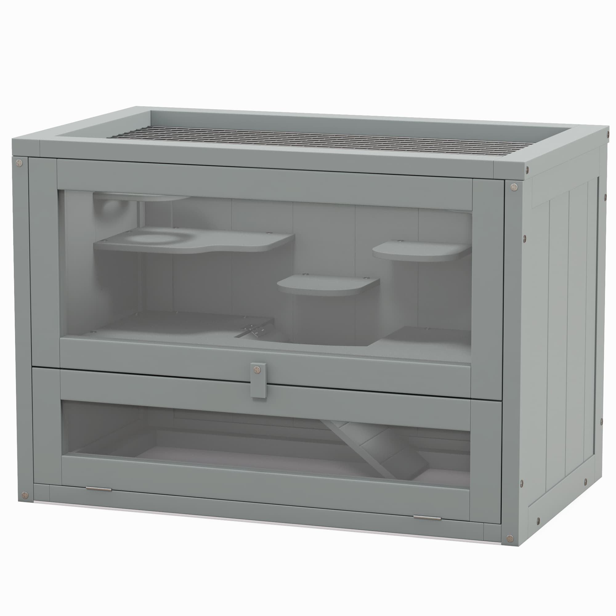 PawHut Cage pour hamsters souris petits rongeurs multi-équipements rampe plateformes toit ouvrant grillagé 60 x 35 x 42 cm gris