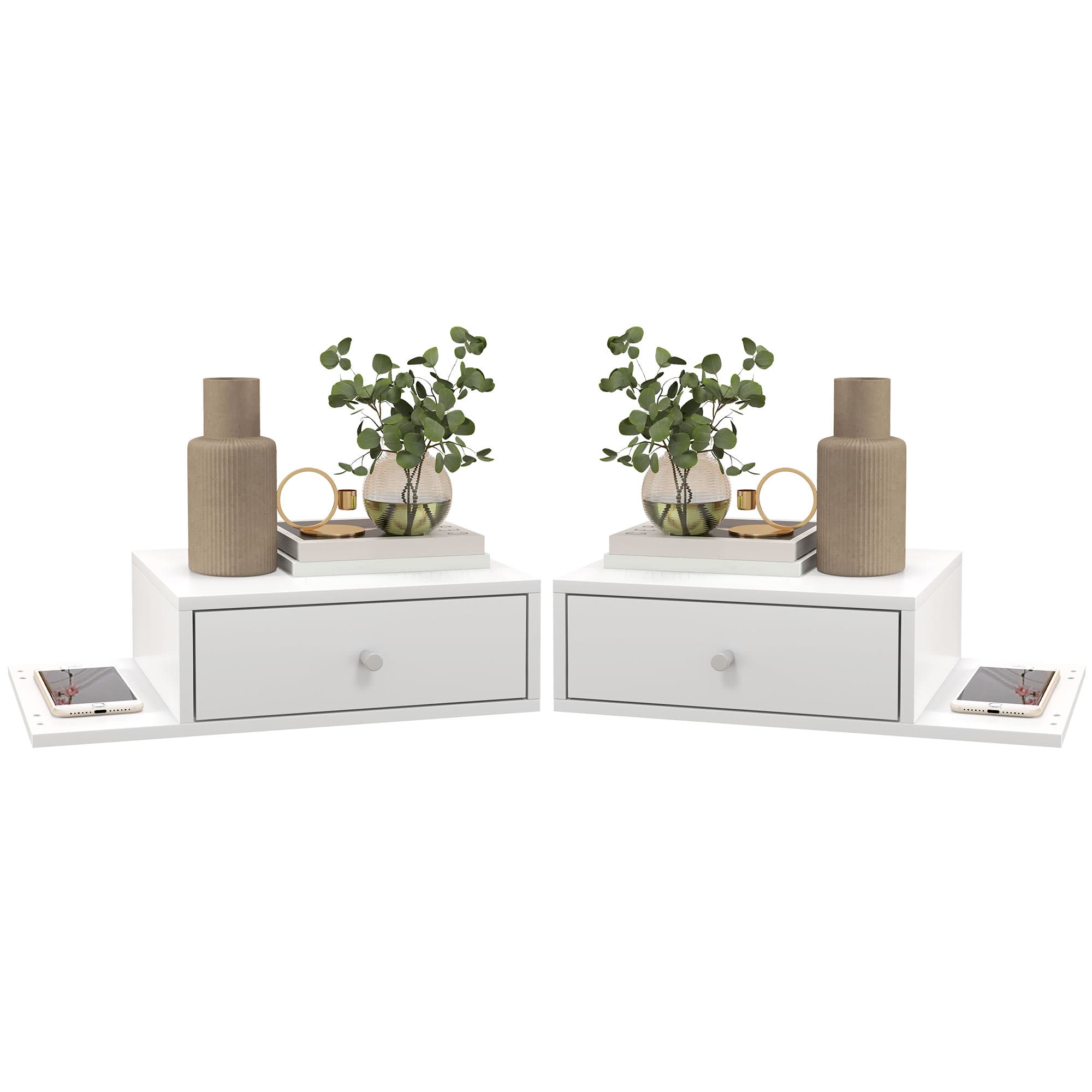 HOMCOM Lot de 2 tables de chevet murales - lot de 2 tables de nuit - étagère latérale et tiroir - 55l x 30P x 15H cm MDF blanc