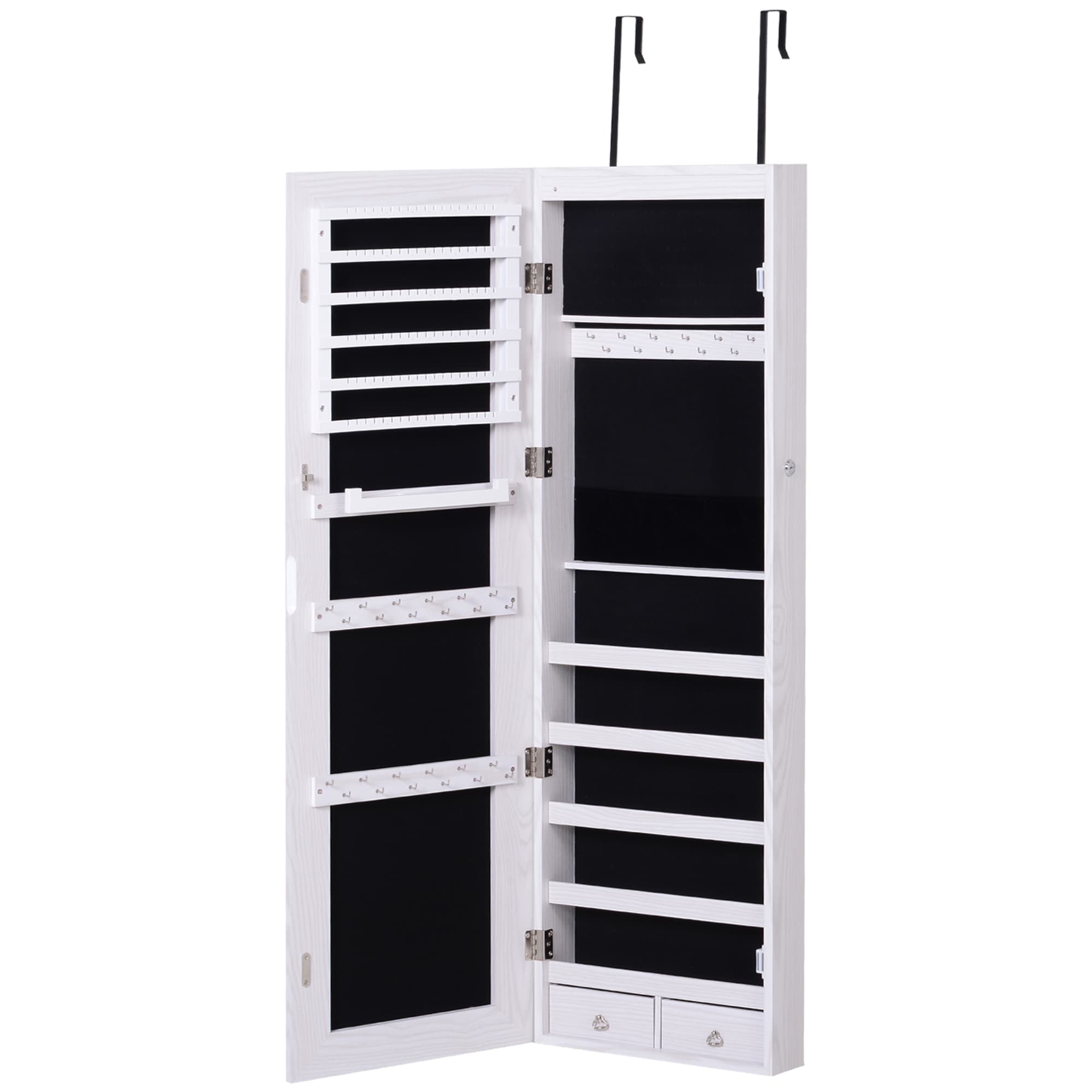HOMCOM Armoire à bijoux suspendue au mur ou à la porte avec miroir, LED, 5 étagères, 2 petits tiroirs, 37x10x120cm, blanc