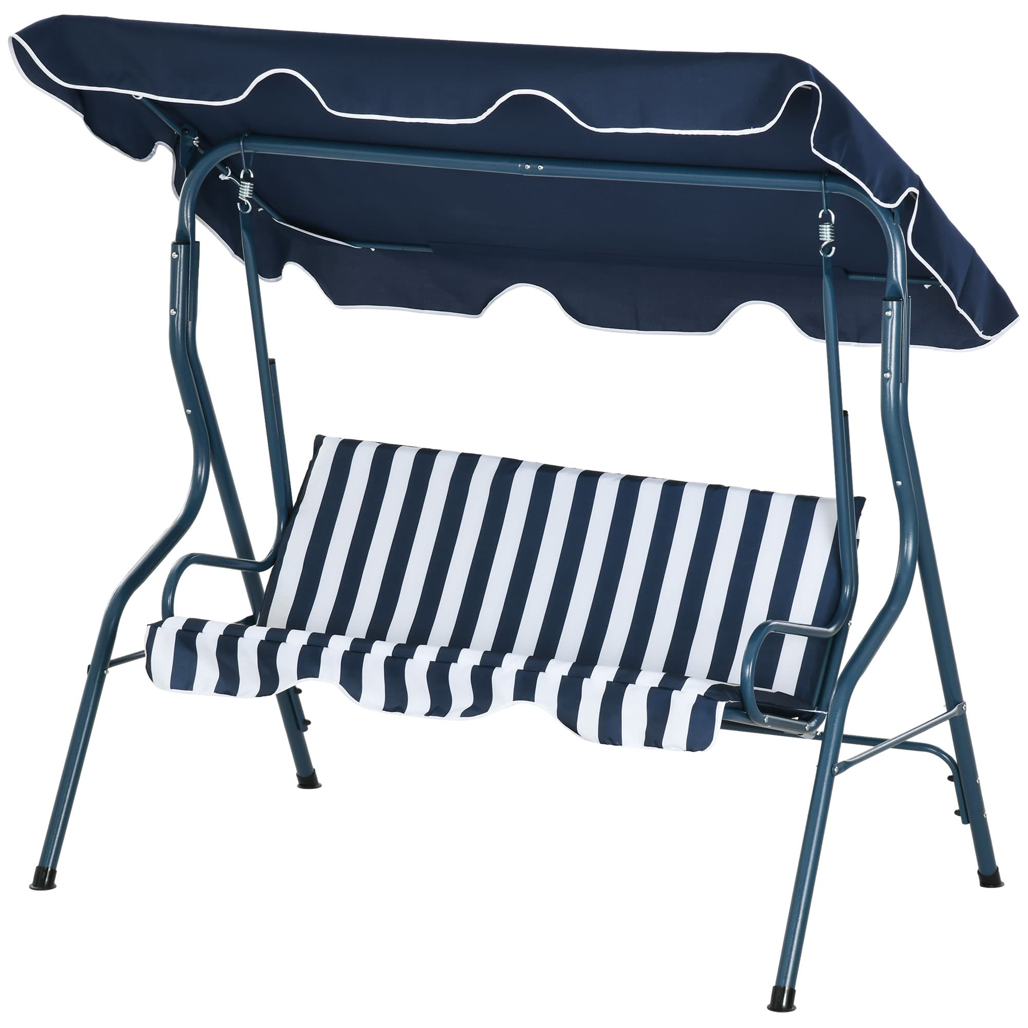 Outsunny Balancelle de Jardin 3 Places Toit imperméabilisé Inclinaison réglable Coussins Assise Dossier Bleu Blanc rayé