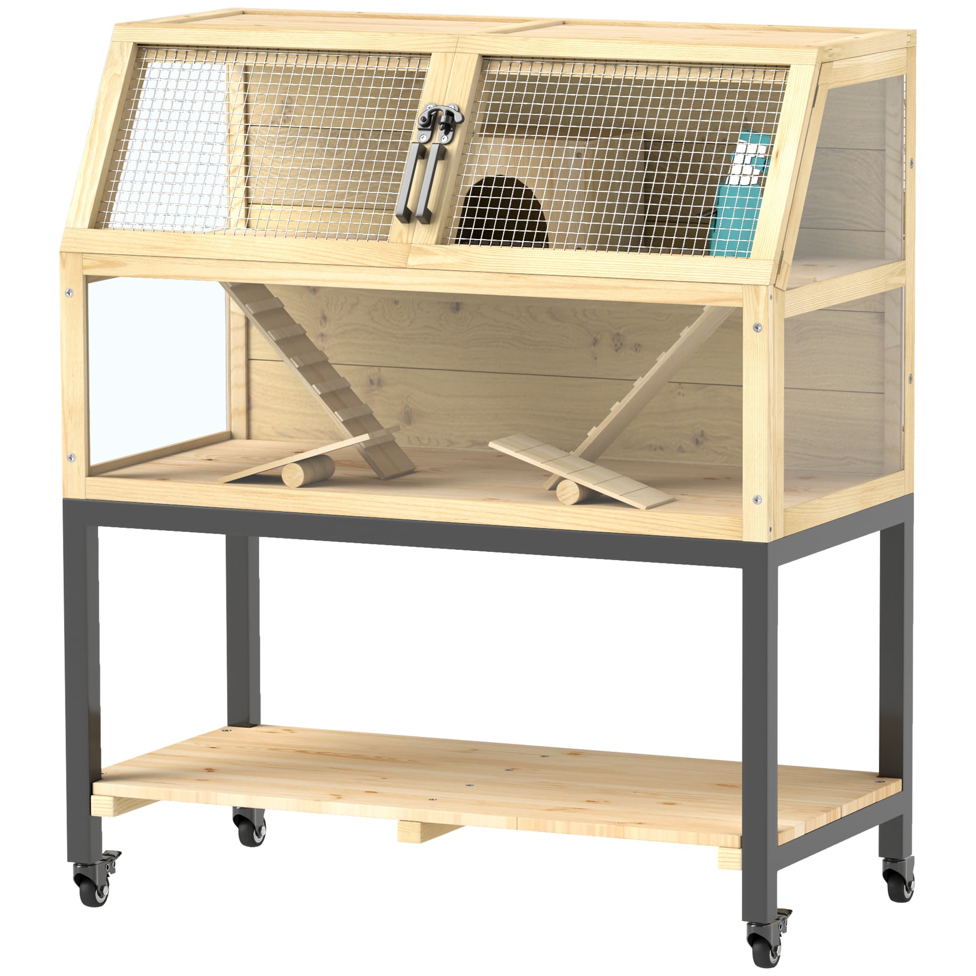 PawHut Cage pour hamster nain en bois avec étagère, roues, rampes, bouteille d'eau, cabane, wippes, 87 x 43 x 101cm