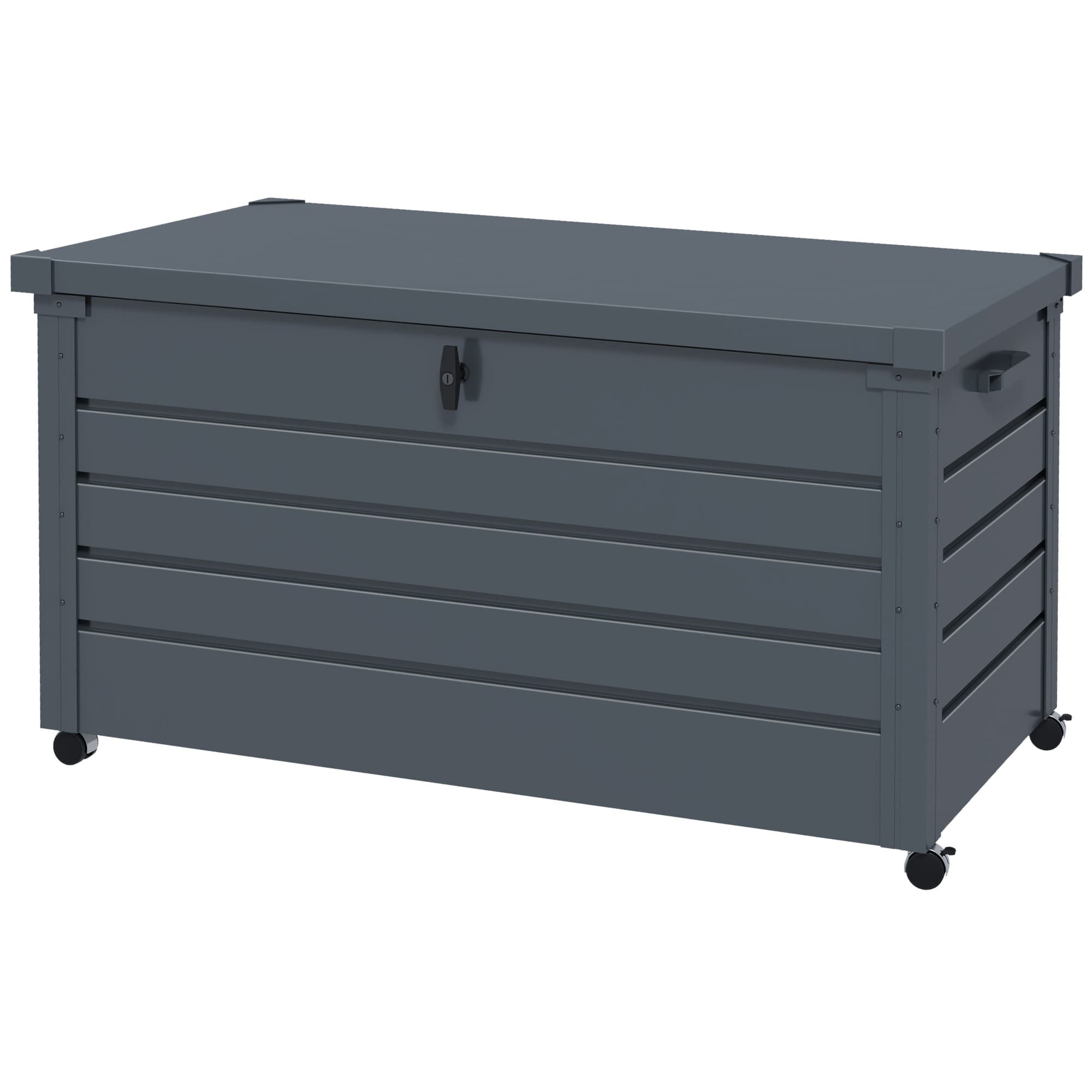Outsunny Coffre de rangement extérieur 311L, avec vérin à gaz, roulettes et poignée, en acier galvanisé, 120x62x66 cm, gris