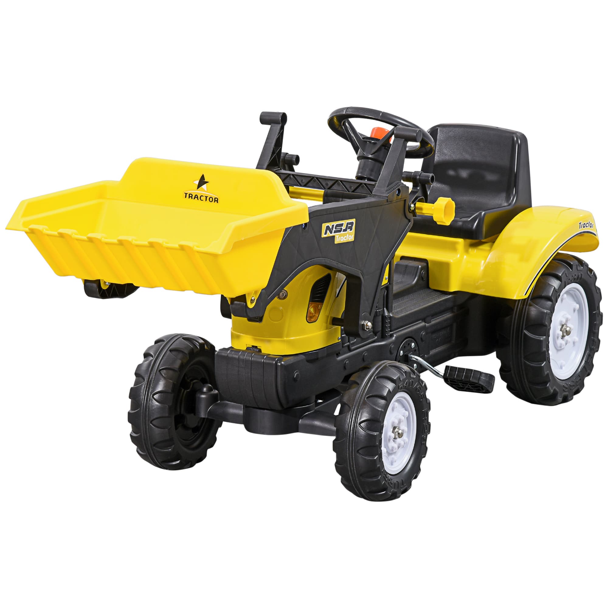 HOMCOM Brouette pour enfants, pelle mobile, klaxon, pédalier, à partir de 3 ans, cadre en métal, jaune, 114 x 41 x 52 cm