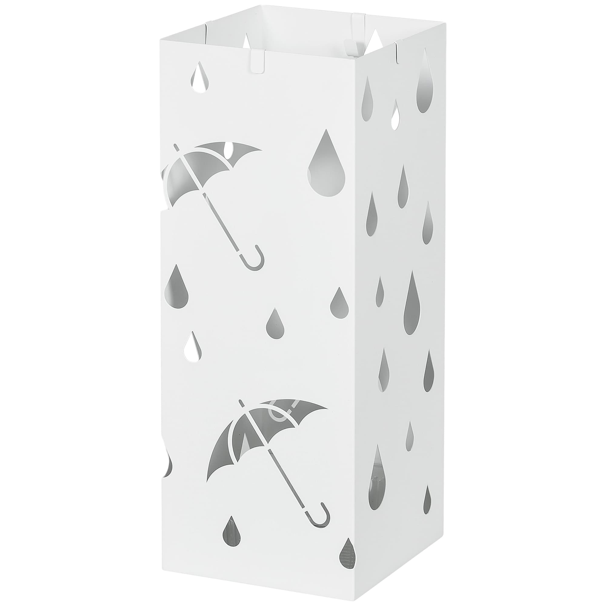HOMCOM Porte-parapluie support à parapluie carré en acier avec 4 crochets et bac de récupération d'eau amovible blanc