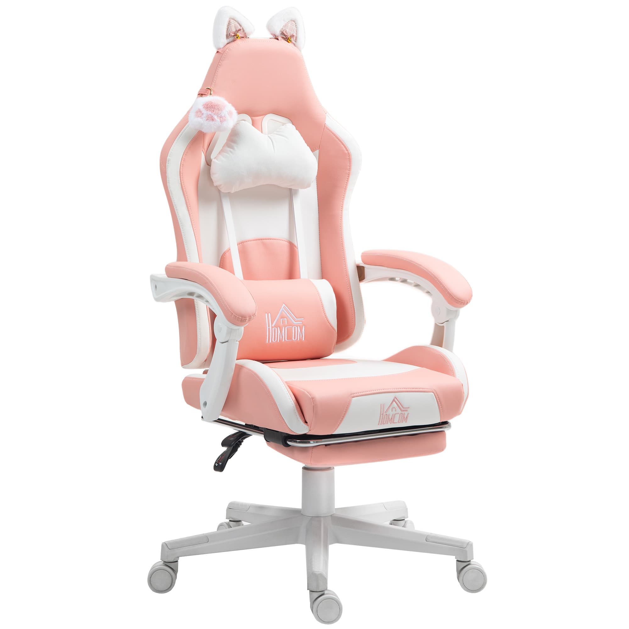 HOMCOM Fauteuil Gamer avec Oreilles de Chat, dossier inclinable, repose-pieds escamotable, jusqu'à 120 kg, Rose/Blanc
