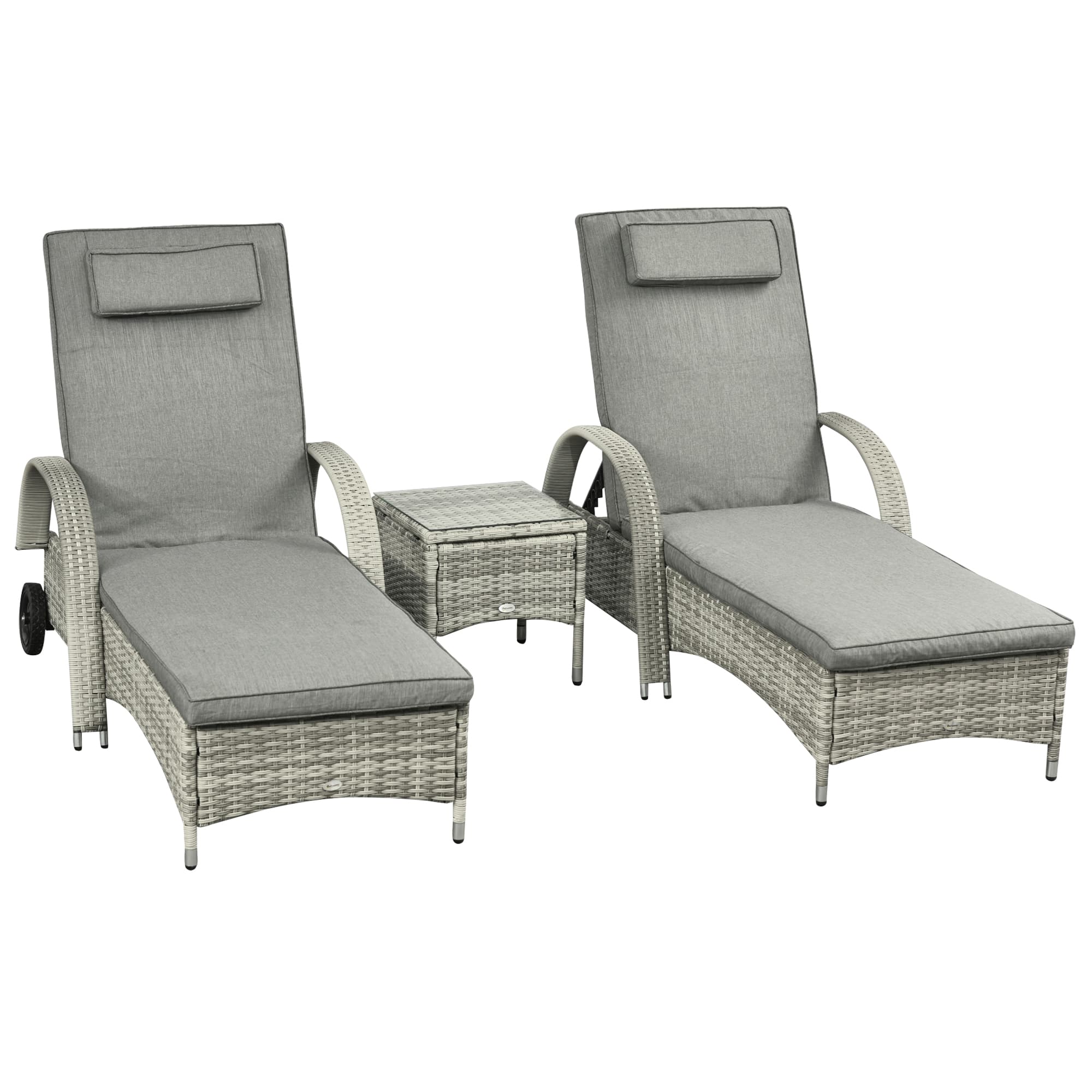 Outsunny Chaise Longue Table 3 pièces Ensemble de meubles de jardin, Rotin synthétique + Métal Gris