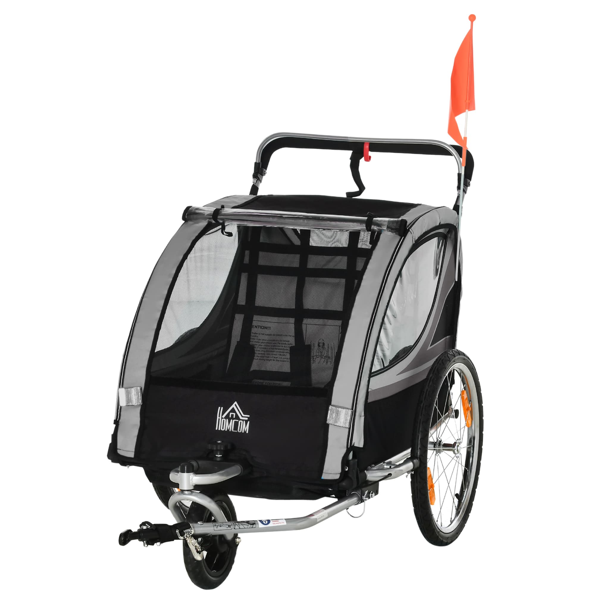 HOMCOM Remorque pour enfants, poussette, avec freins, pliable, pour 2 enfants, Gris/Noir