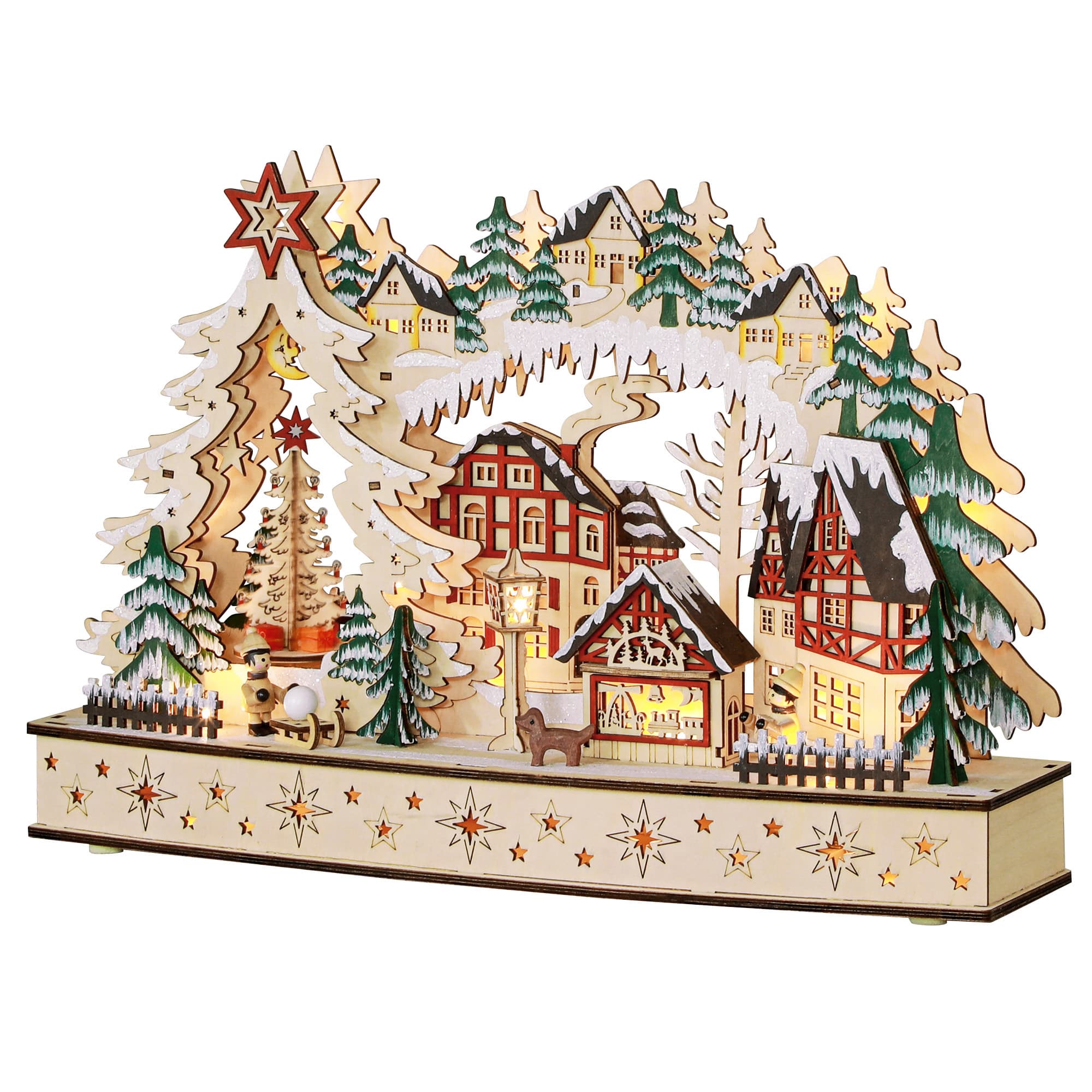 HOMCOM Village de Noël lumineux, village de Noël animé en bois, avec 20 LED, paysage enneigé, 45L x 12l x 30H cm, bois naturel