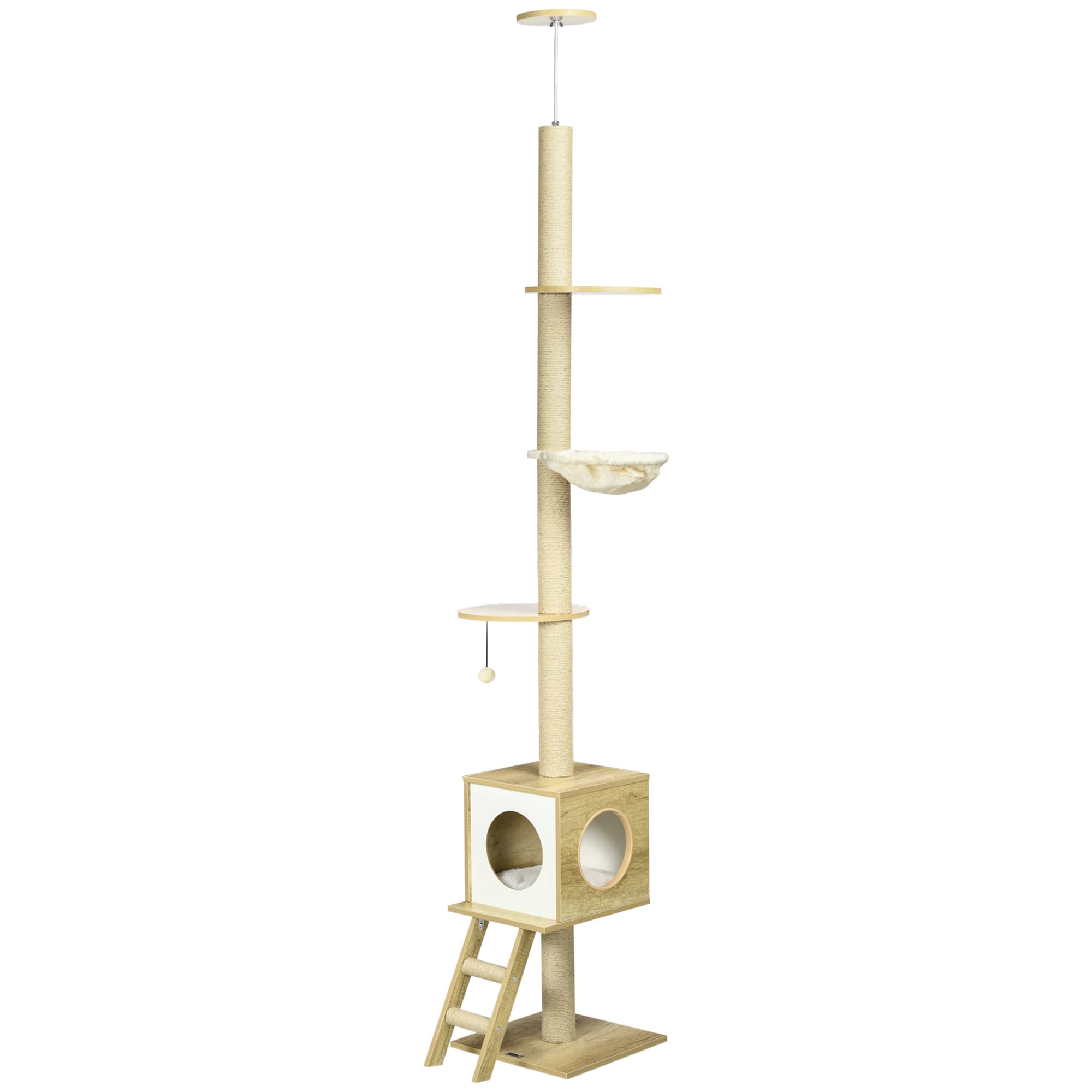 PawHut Grattoir pour chats, de plafond, maison pour chats, deux plateformes, hamac, protection anti-basculement, marron clair + beige, 40 x 40 x 260 cm