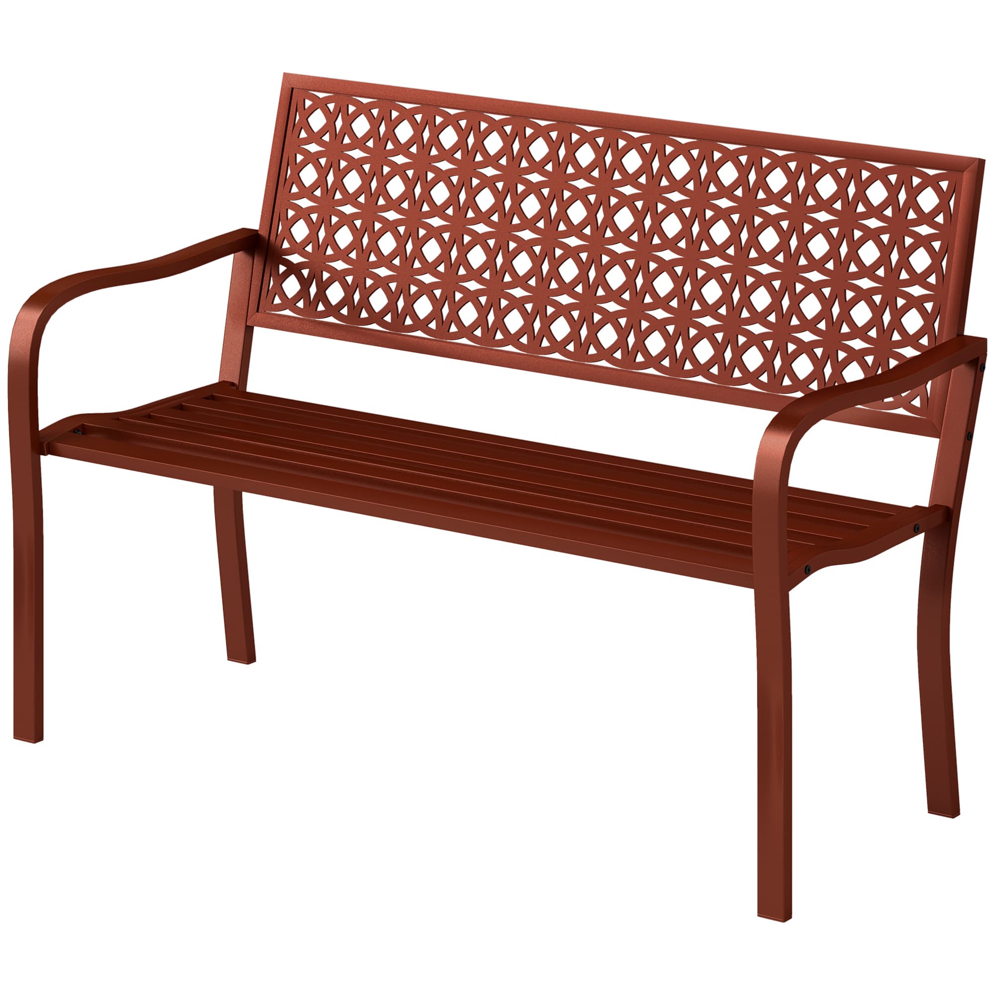 Outsunny Banc d'extérieur, Banc de jardin en acier, Dossier découpé, Accoudoirs, pour 2 personnes, Rouge