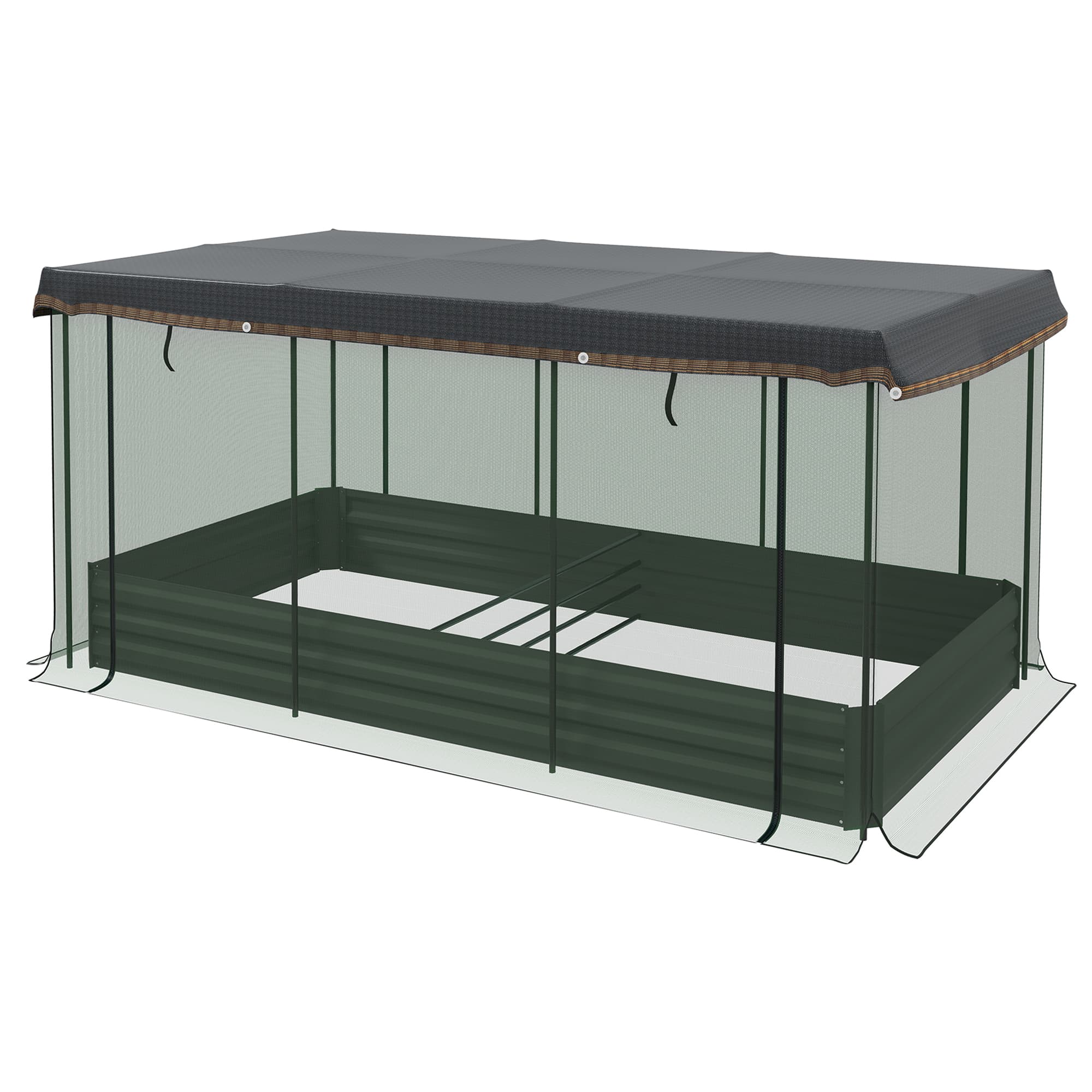 Outsunny Potager surélevé avec filet de protection des oiseaux et protection solaire, boîtier en métal, 230x110x110 cm, Gris/Vert/Noir