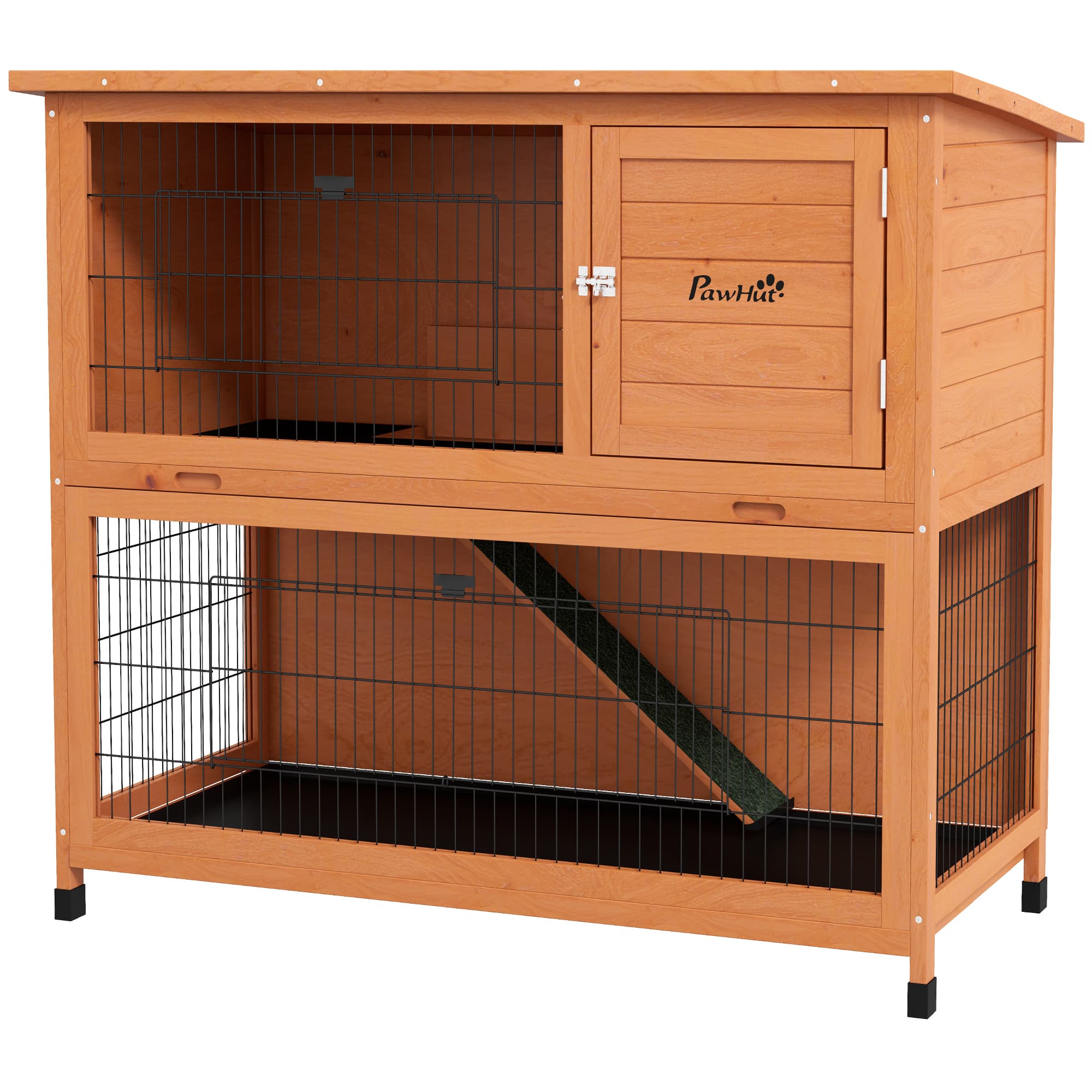 PawHut Cage pour petits animaux, maison pour rongeurs, résistante aux intempéries, 2 bacs inférieurs, 123 x 63 x 112 cm, Orange