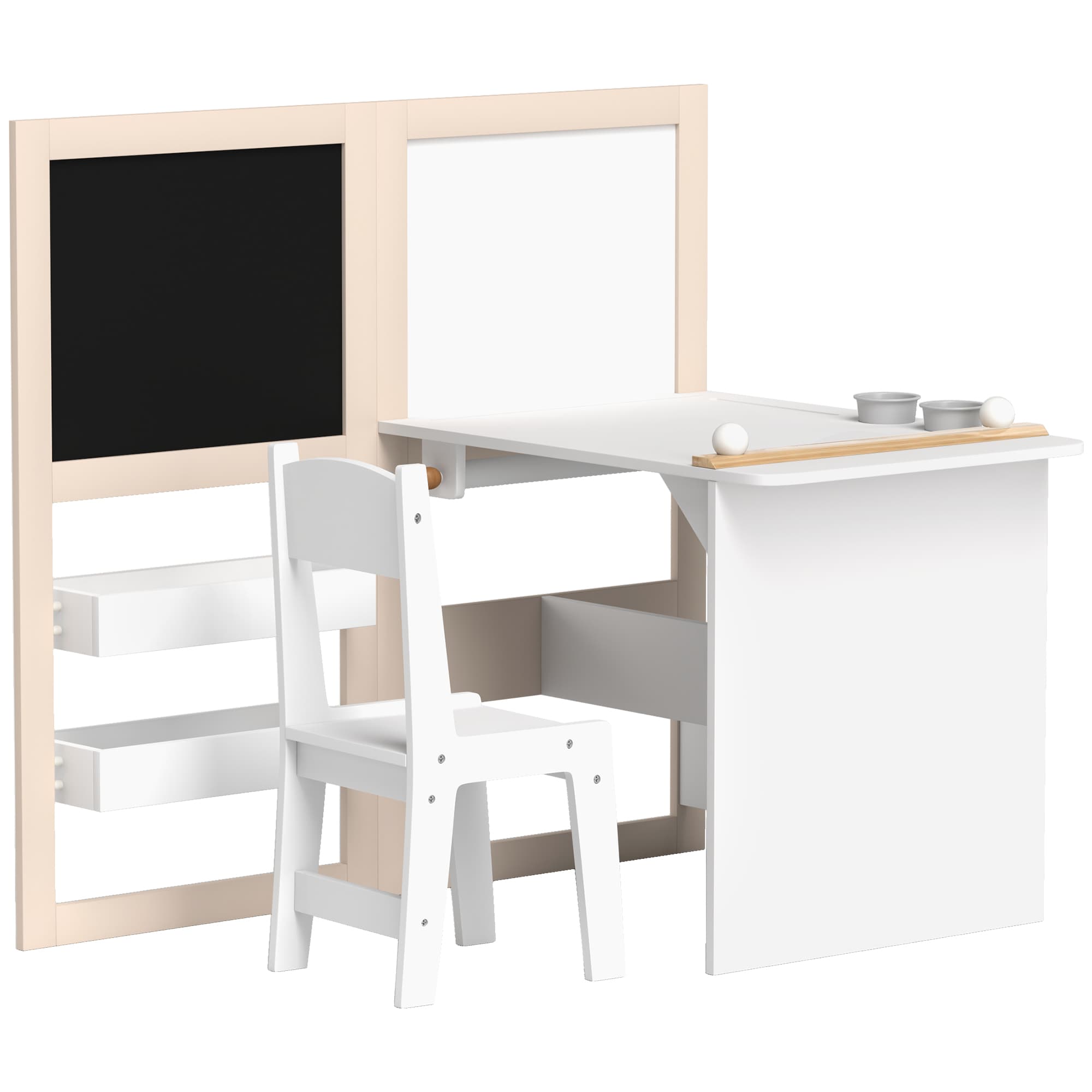 AIYAPLAY Table enfant avec chaise 3 en 1 avec chevalet pliable étagères de rangement, rouleau de papier - 3 à 8 ans, blanc
