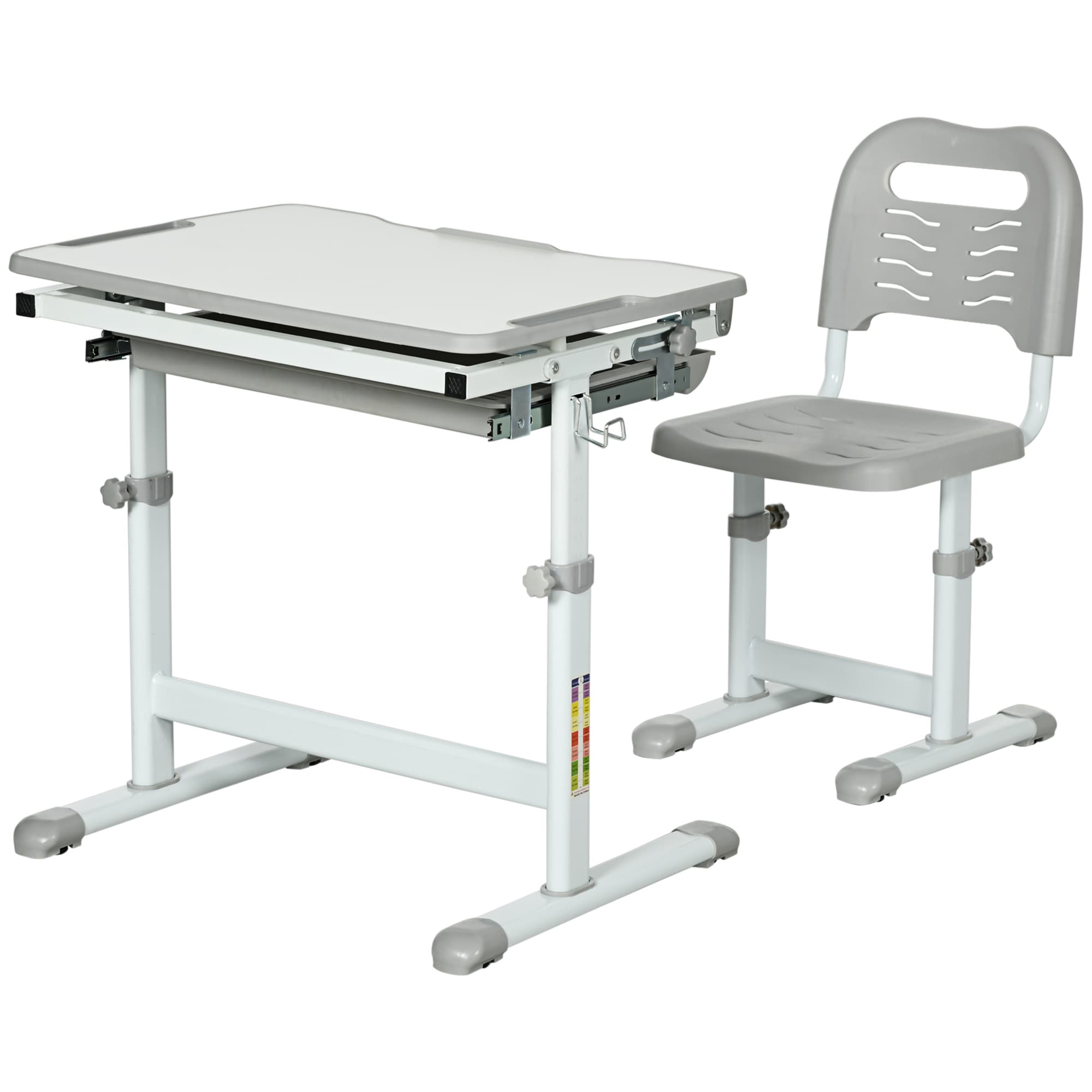 HOMCOM Ensemble bureau enfant avec chaise en acier hauteur réglable, tablette coulissante, bureau inclinable 45° - gris blanc