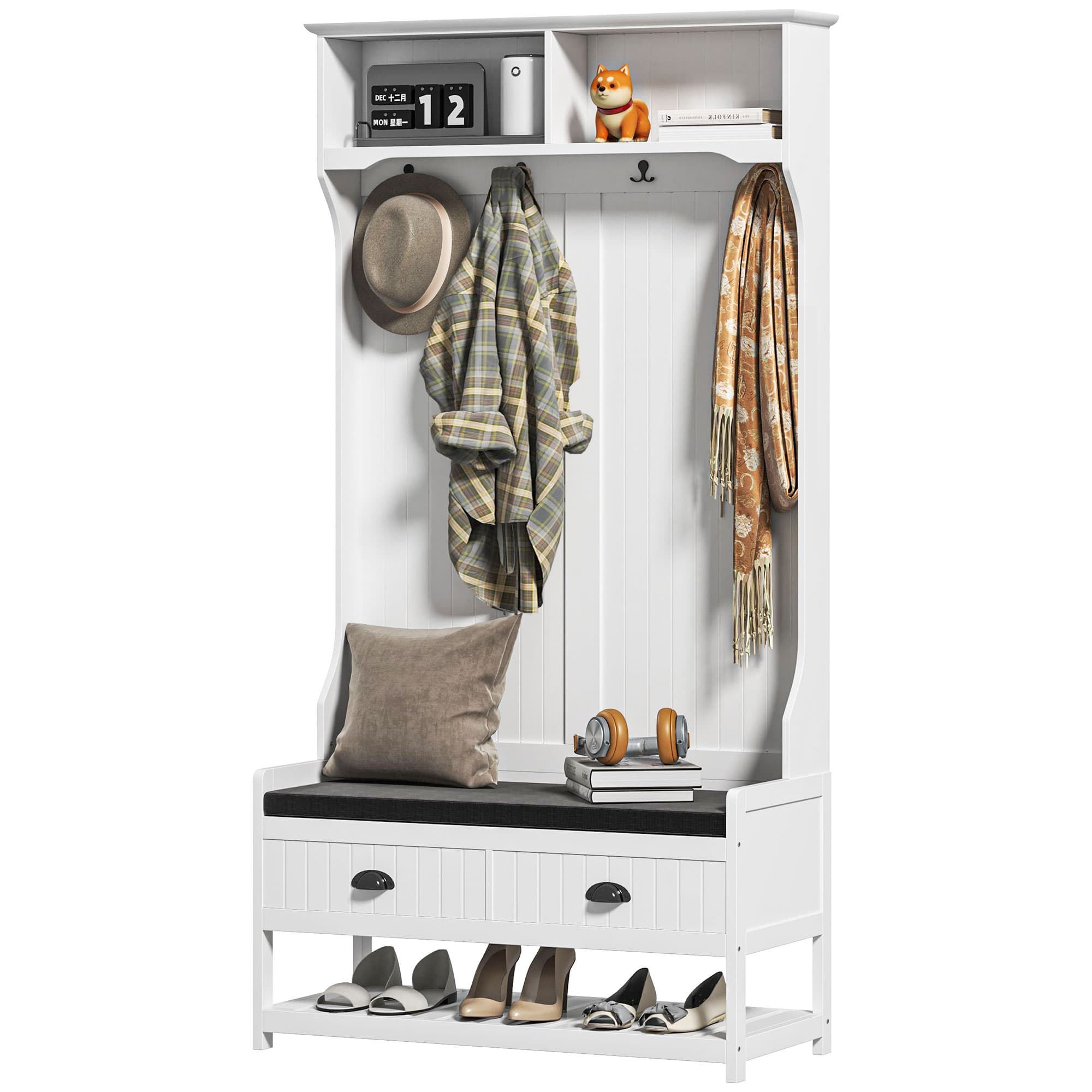HOMCOM Porte-manteau avec Crochets, Portant à Chaussures, pour Entrée, Couloir, Métal, MDF, Blanc+Gris