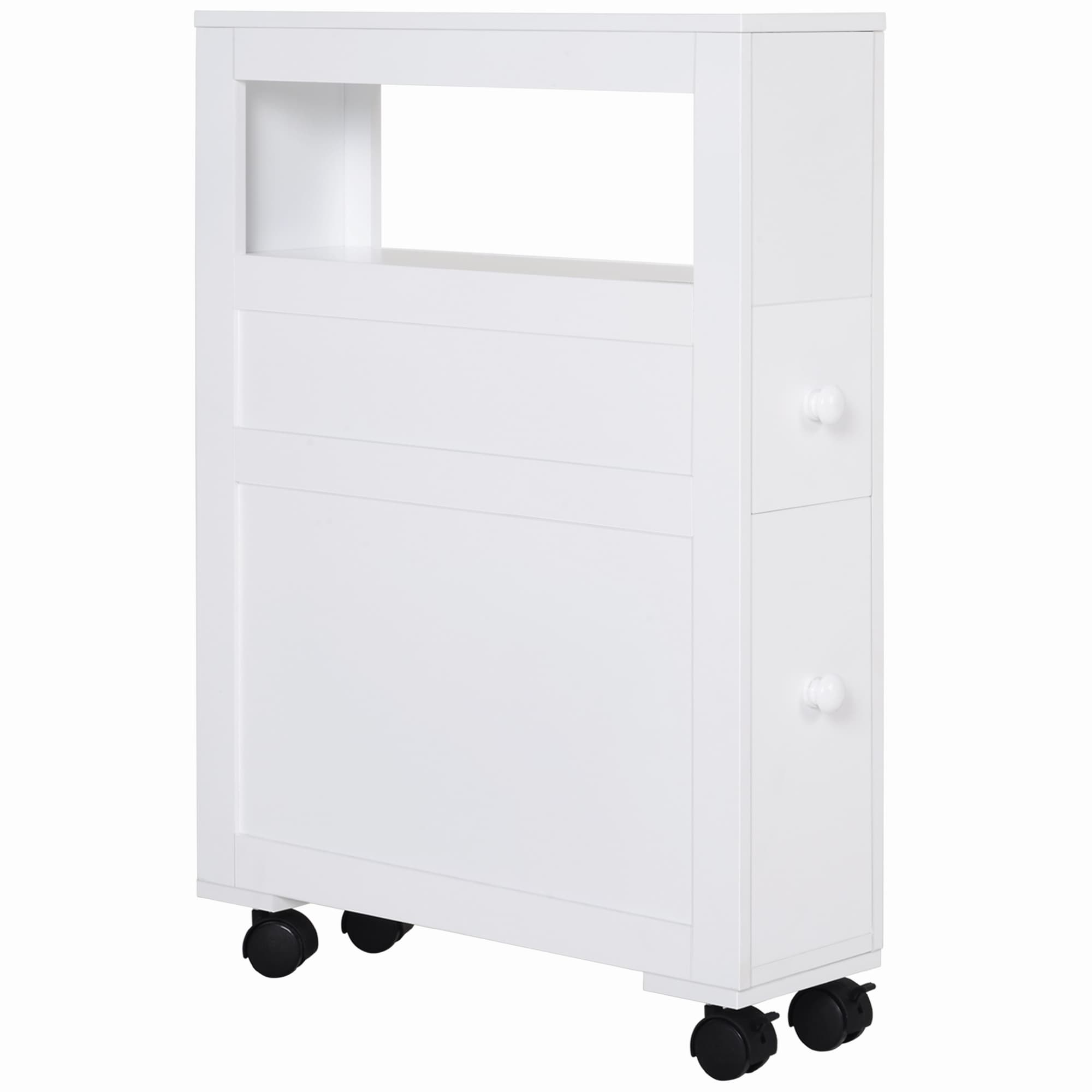 HOMCOM Meuble de rangement de salle de bain sur roulette armoire WC toilettes étagère ouverte 2 tiroirs 16 x 52 x 71,5 cm blanc