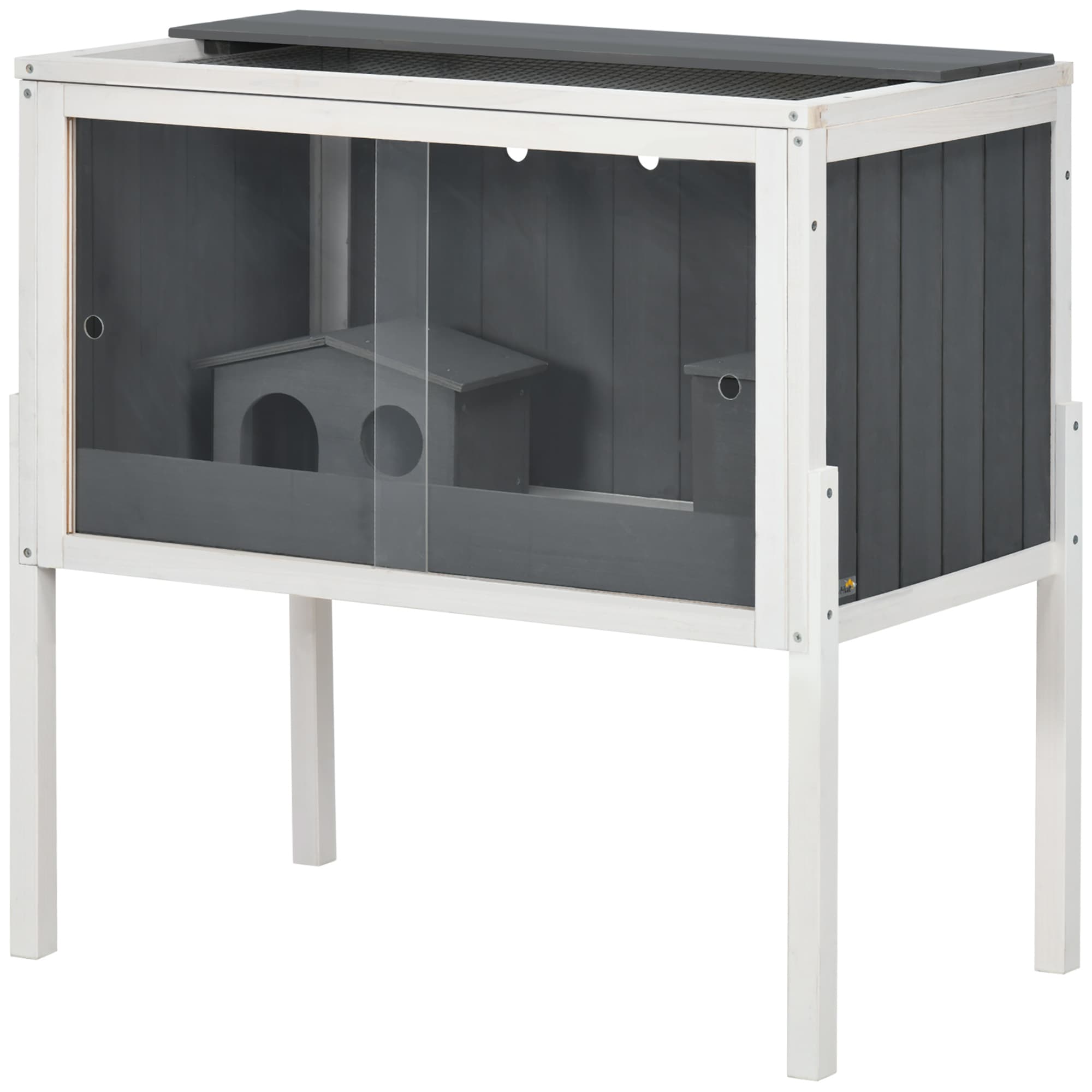 PawHut Cage pour hamster, 3000 cm2 cage pour hamster nain en bois et métal, avec 2 cabanes, portes en acrylique, stable, sûr, Gris+Blanc