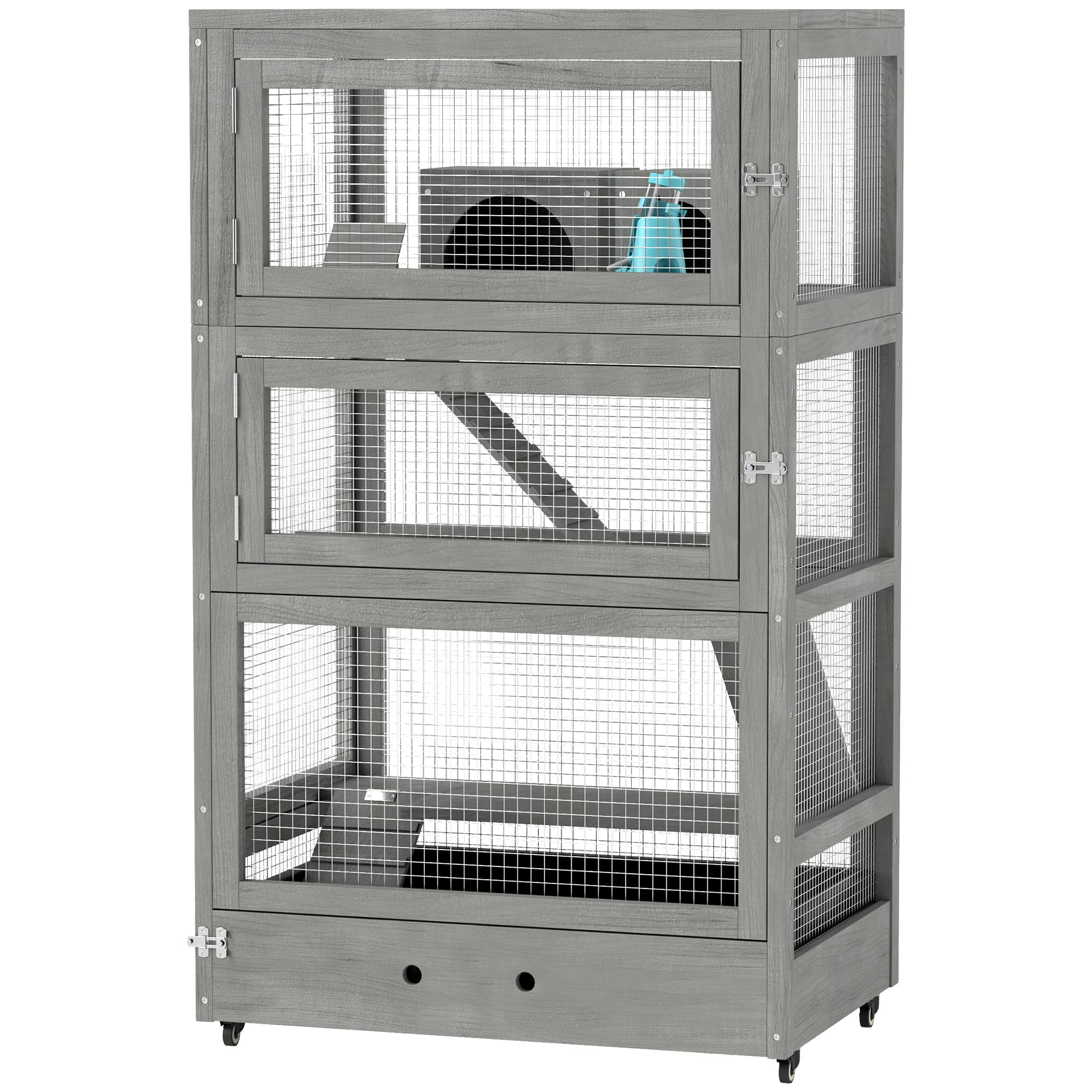 PawHut Cage pour hamster en bois à quatre niveaux, avec cabanes, bascule, bols d'alimentation, rampes, roulettes, 65 x 45 x 109 cm, Gris