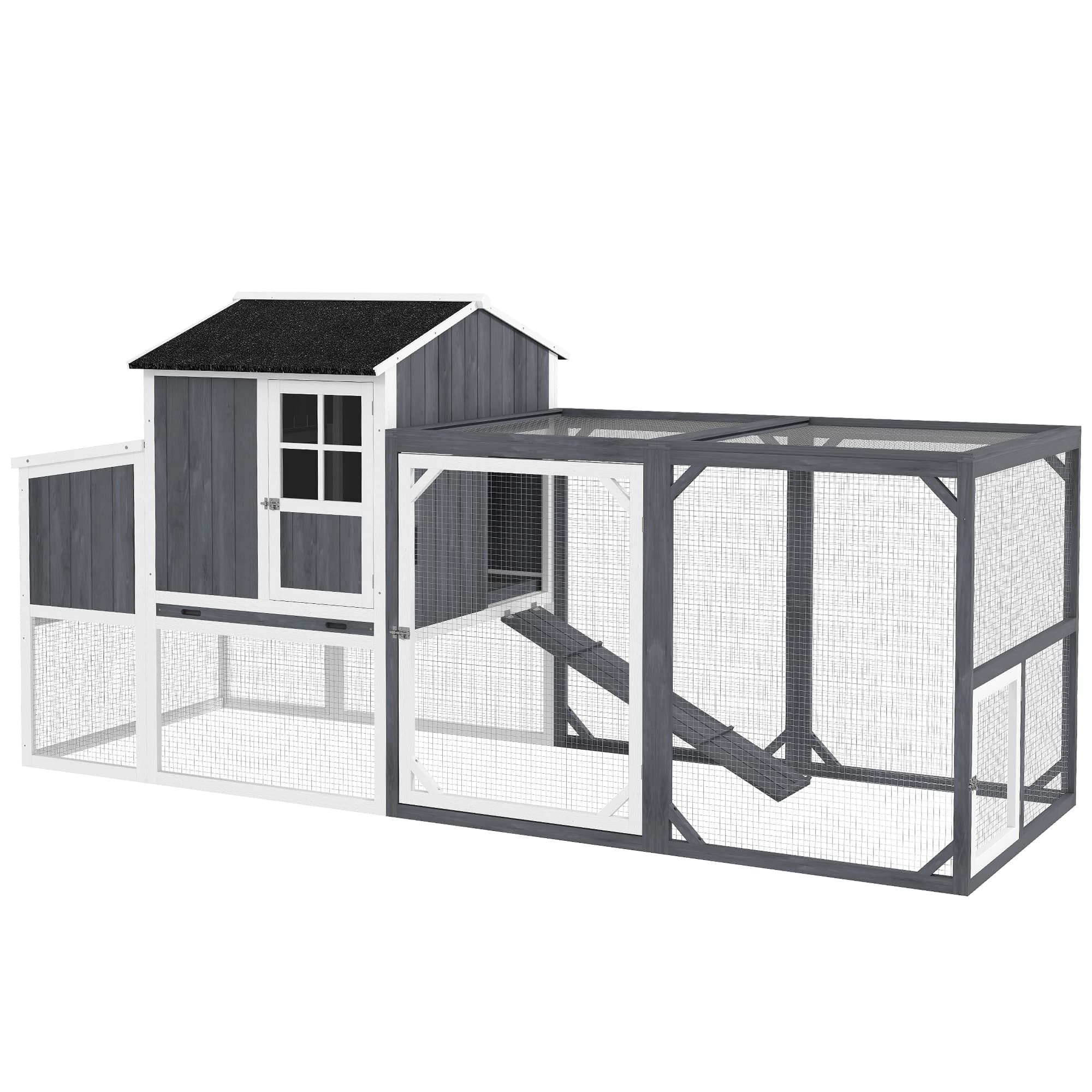 PawHut Poulailler avec Parc pour 3-4 Poules, Nichoir en 3 parties, 1,9 m2 d'espace, Bois de sapin, Gris