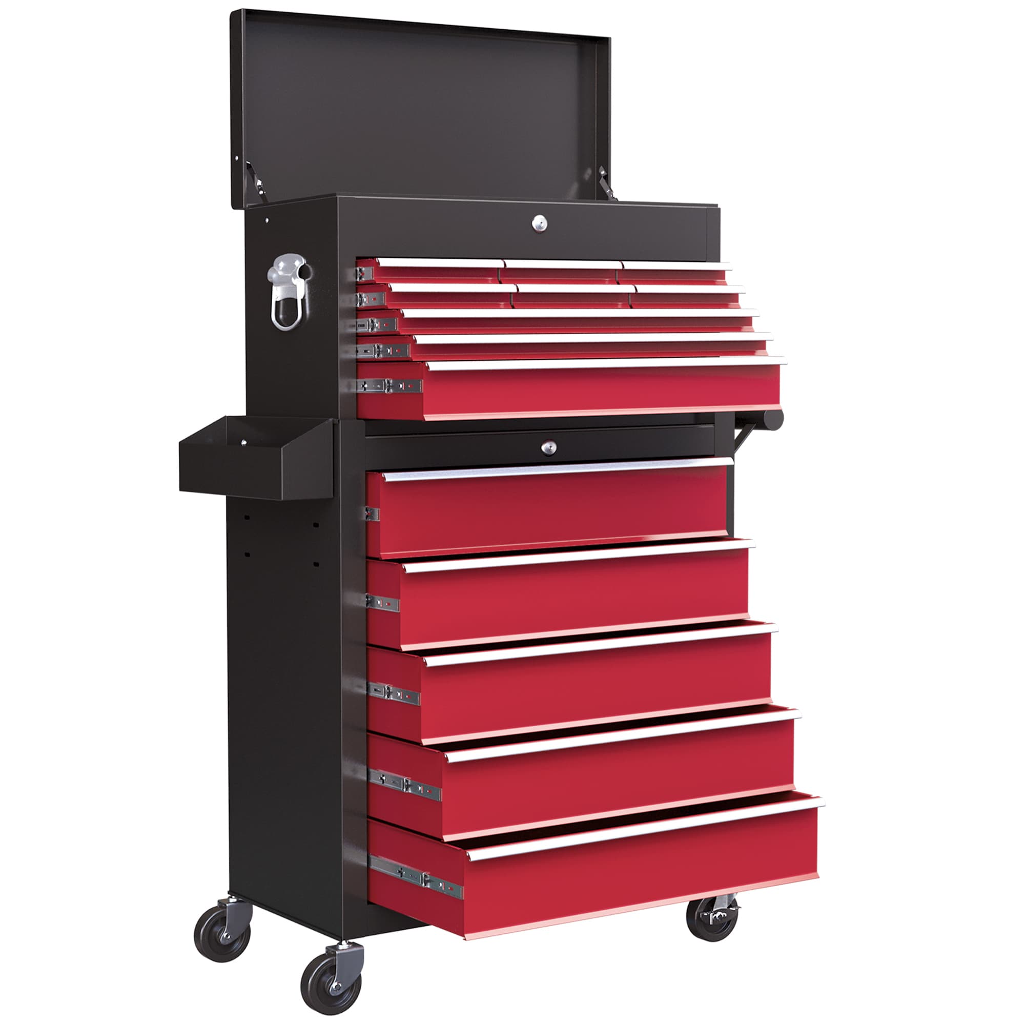 HOMCOM Chariot à outils, en deux parties, verrouillable, 14 tiroirs, paroi perforée, acier, Rouge
