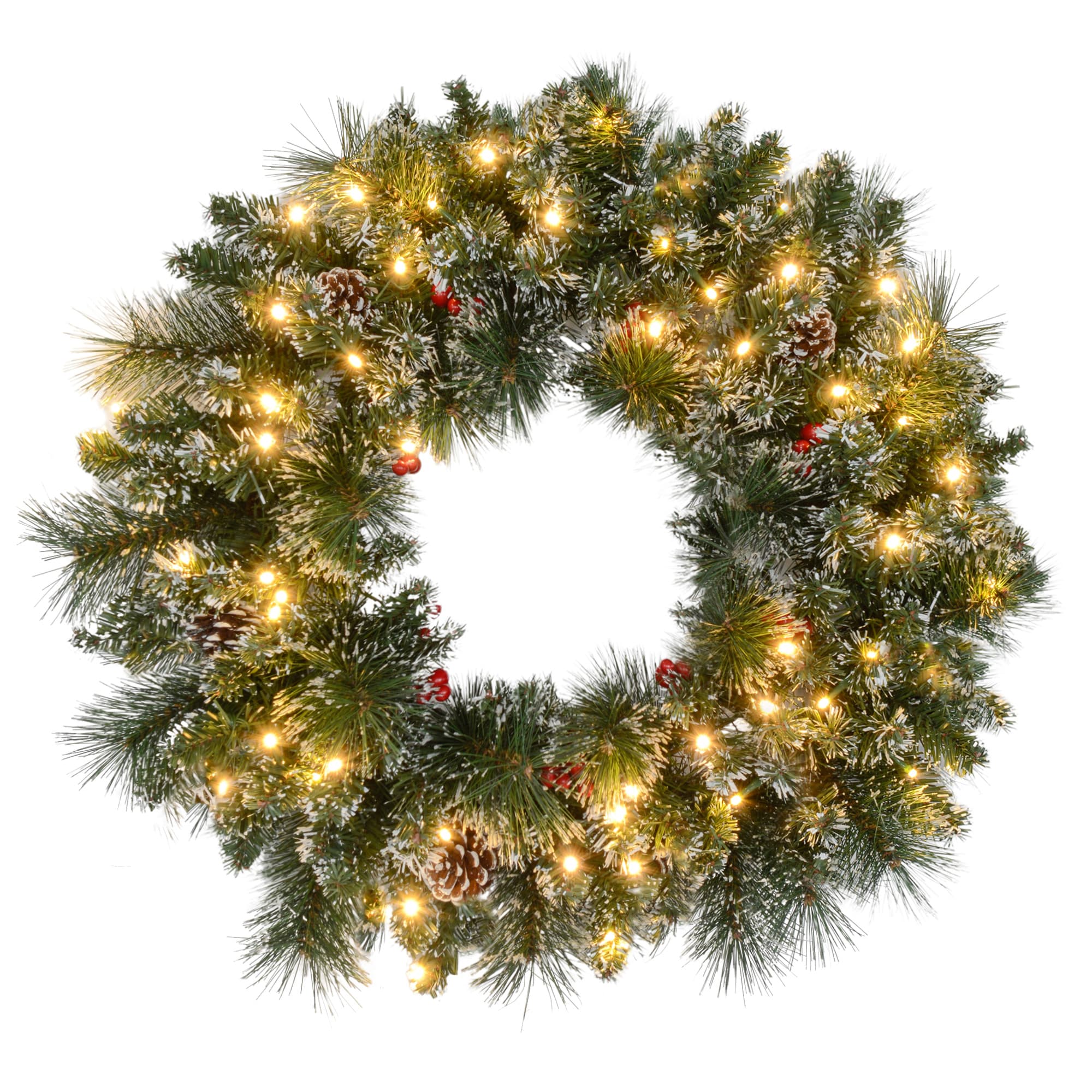 HOMCOM Couronne de Noël porte artificielle 60 CM avec pommes de pin et grappes de baies, lumières LED et minuterie vert
