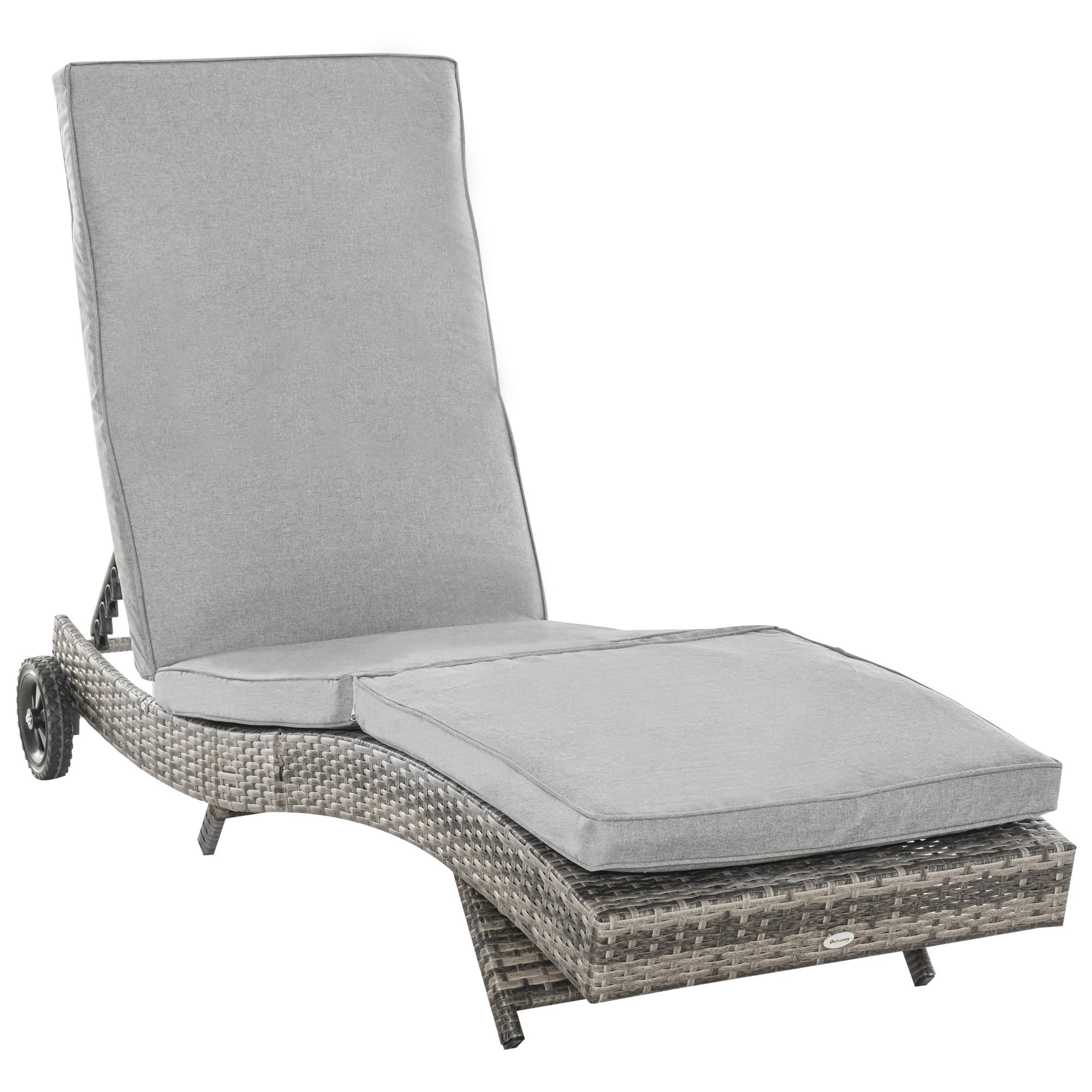 Outsunny Chaise Longue de jardin en rotin avec coussin réglable sur 5 positions Liege de jardin mobilier de jardin forme S Métal Gris 207 x 70 x 70 cm