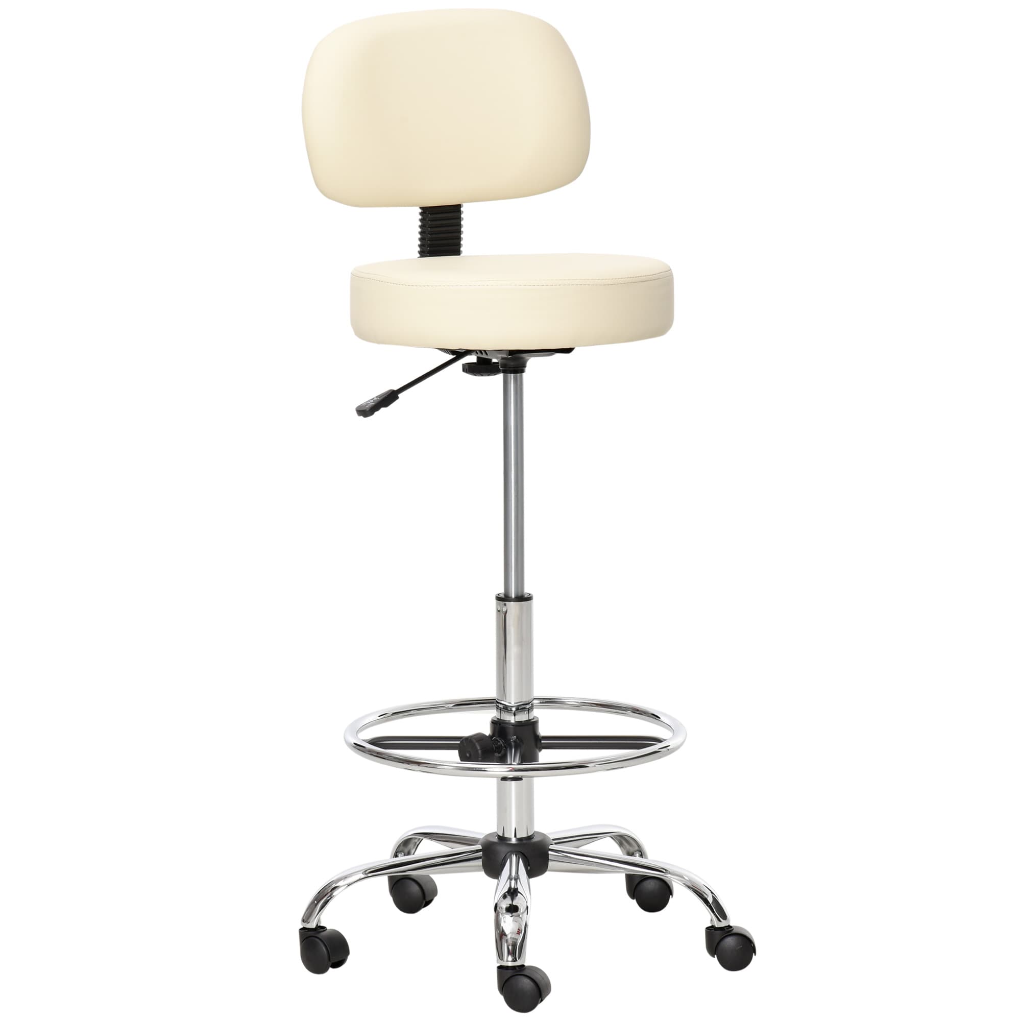 HOMCOM Tabouret de Bar Pivotant Réglable en Hauteur avec Roulettes en Cuir PU Chaise de Bureau 360° Avec Dossier Rembourré Beige 56x57x104-127cm