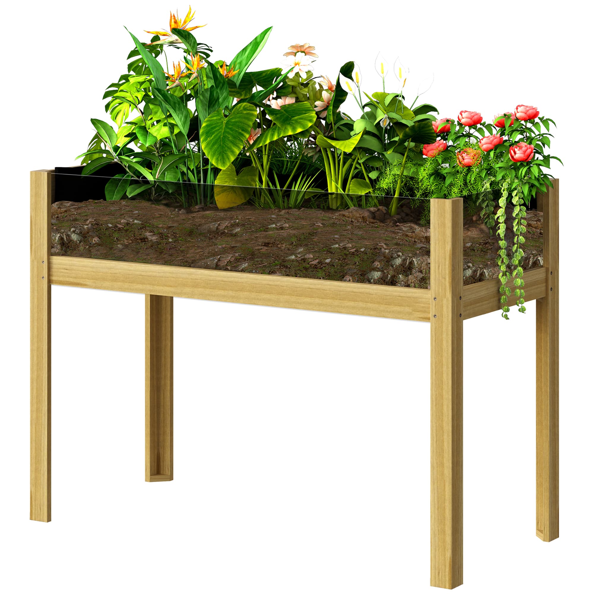 Outsunny Jardinière sur pieds, carré potager surélevé avec panneaux en acrylique et trous de drainage, 110 x 50 x 80 cm, naturel