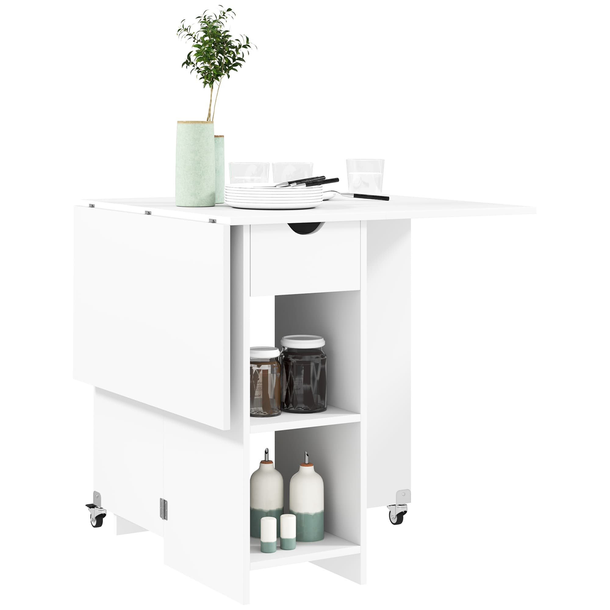HOMCOM Table à manger pliante pour 2-4 personnes, table de cuisine pliante avec espace de rangement, Table extensible sur roues, Blanc