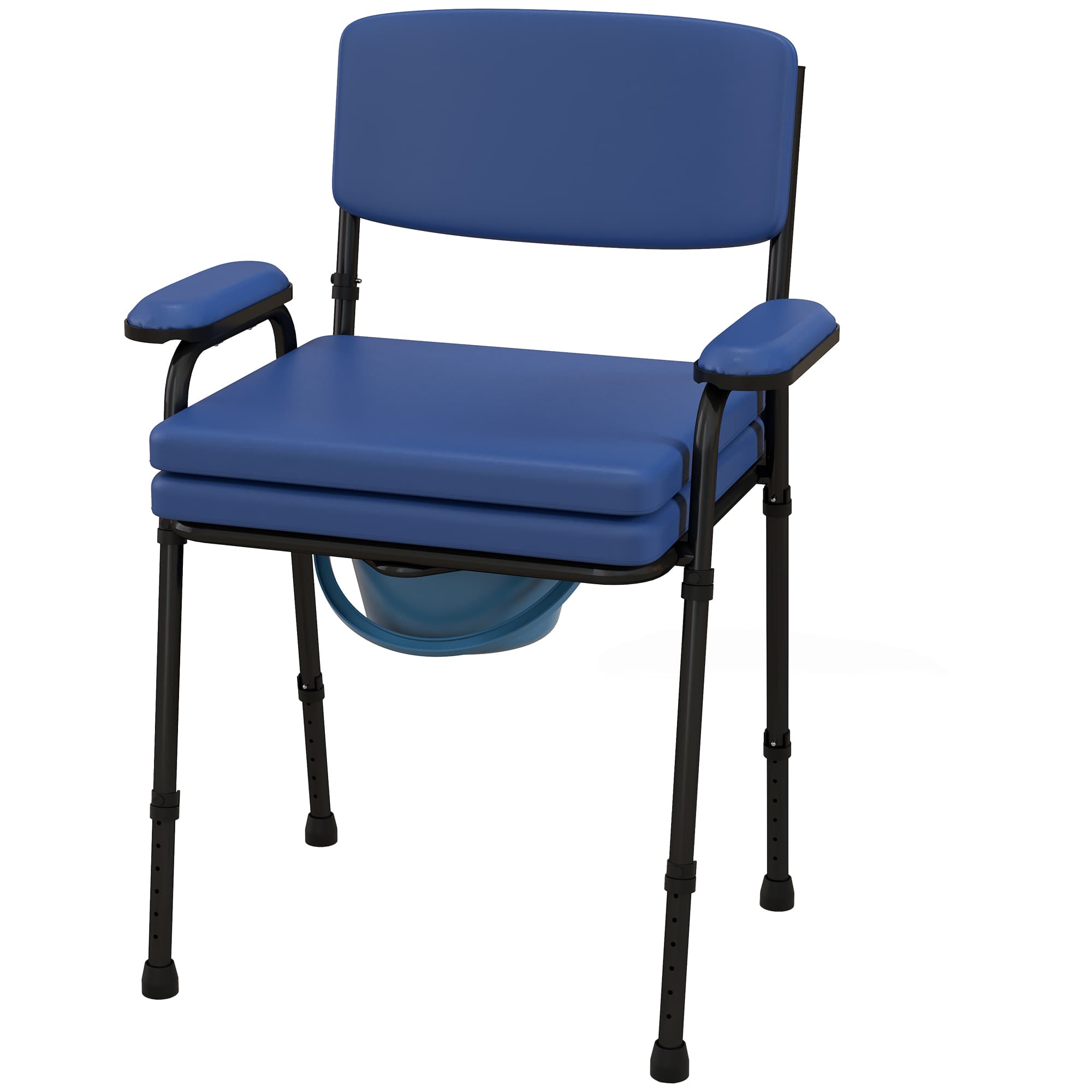 HOMCOM Chaise percée toilette multifonctions seau amovible hauteur réglable avec dossier siège et accoudoirs rembourrés bleu
