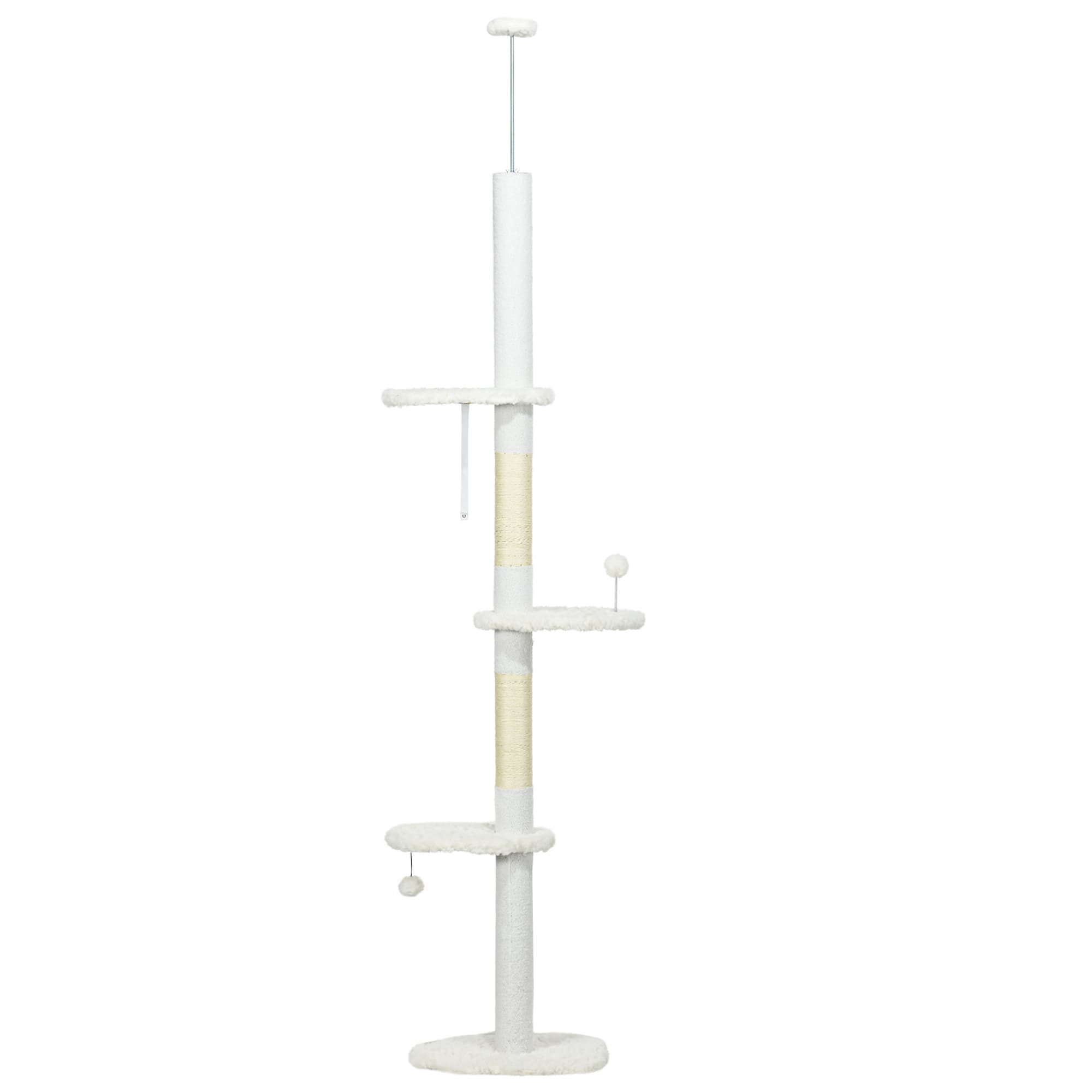 PawHut Arbre à chat 225-255 cm réglable en hauteur Tour pour chat 3 griffoirs et 2 balles 48x32x225-255 cm blanc