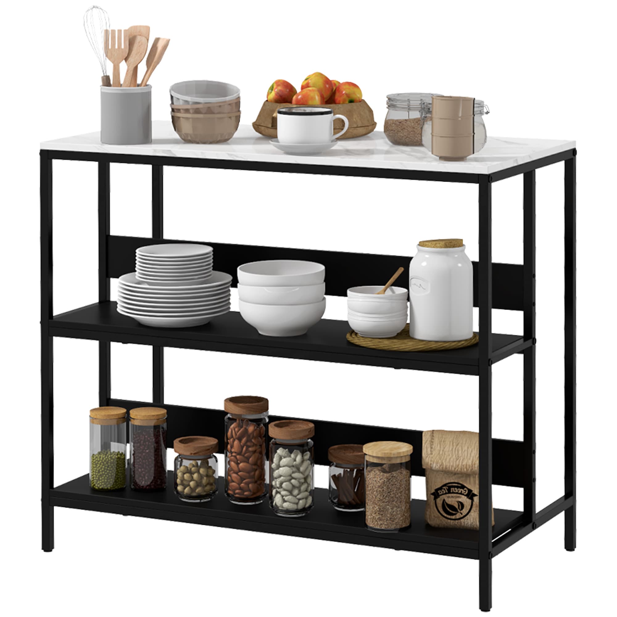 HOMCOM Ilot de cuisine 2 étagères de style moderne en acier noir et plateau MDF aspect marbre 100L x 50P x 90H cm - noir