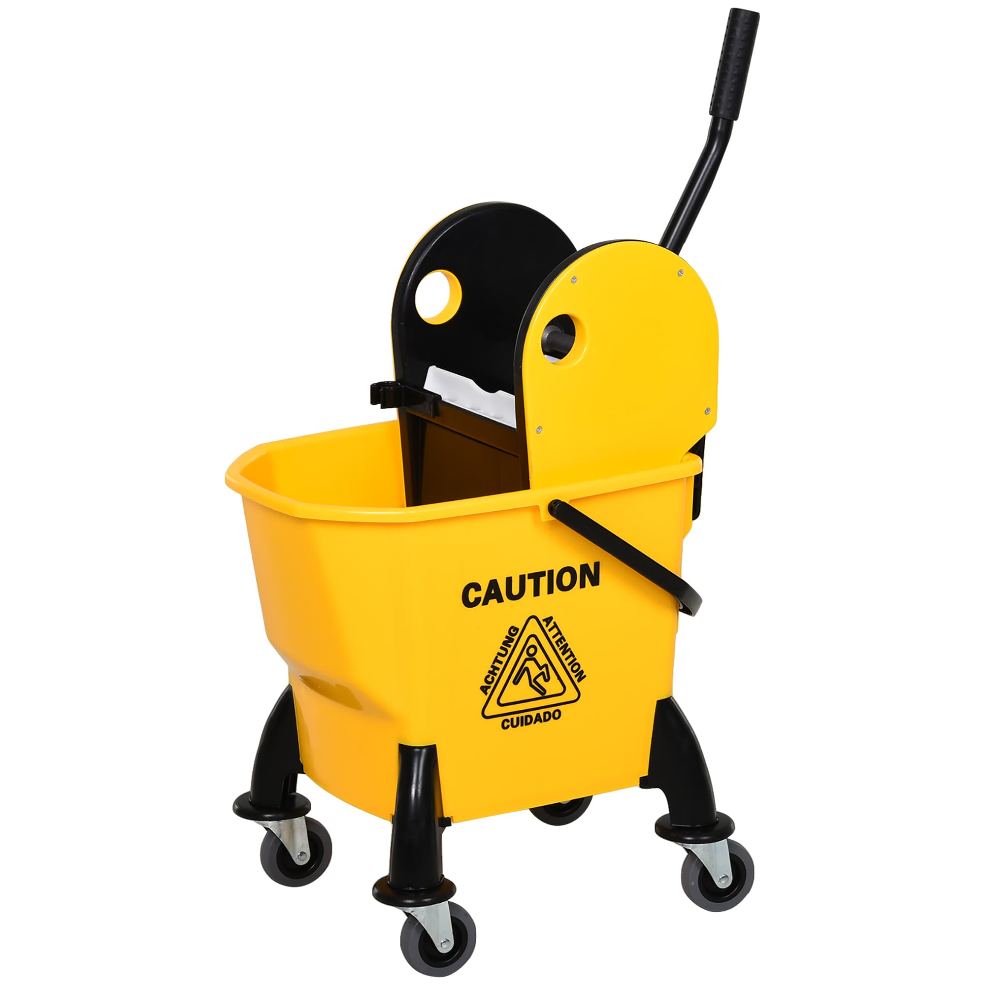 HOMCOM Chariot d'entretien avec seau, Accessoire de ménage 26L avec essoreur, sur roulette, jaune 60L x 27l x 71H cm