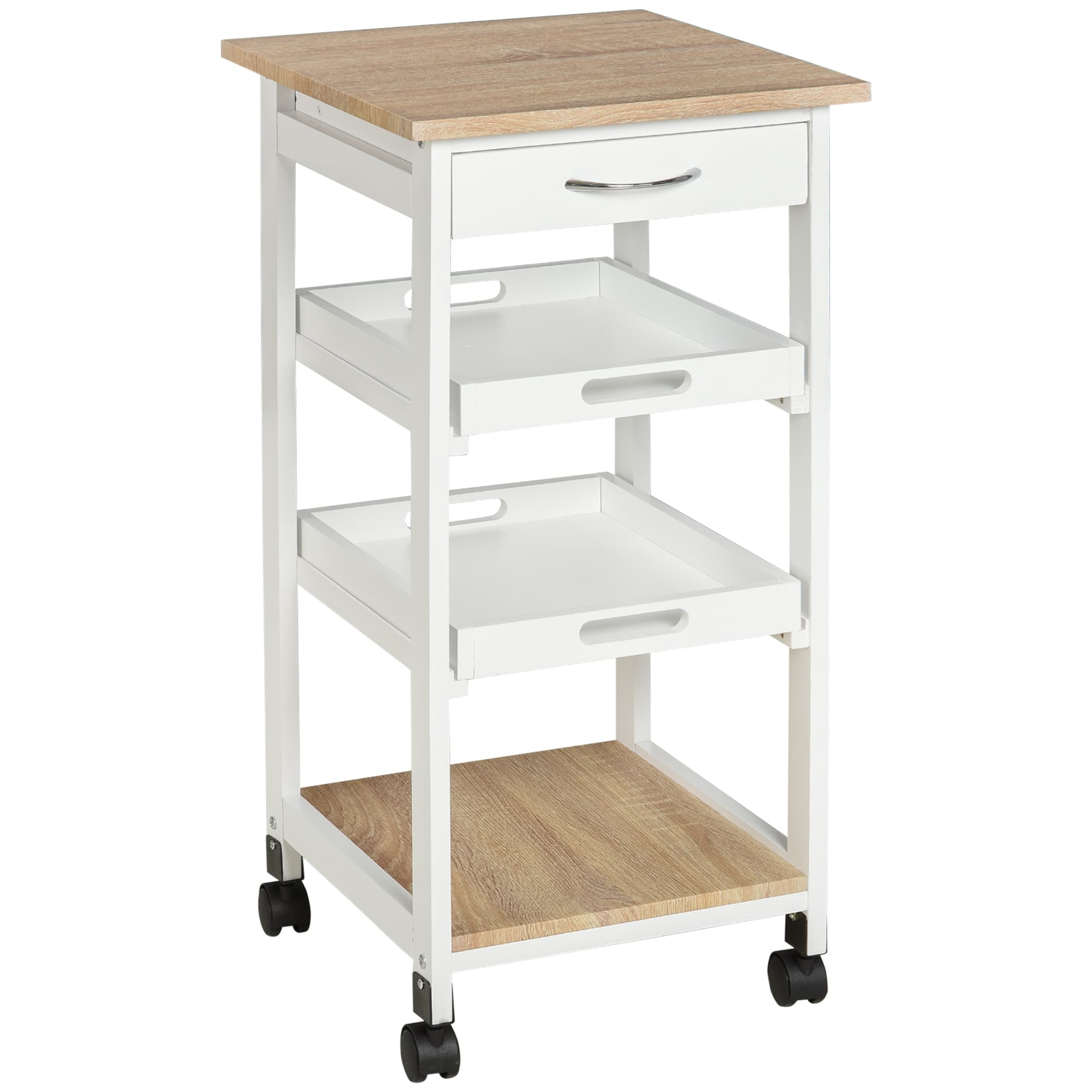 HOMCOM Desserte de cuisine panier + plateaux amovibles, tiroir, étagère MDF chêne clair