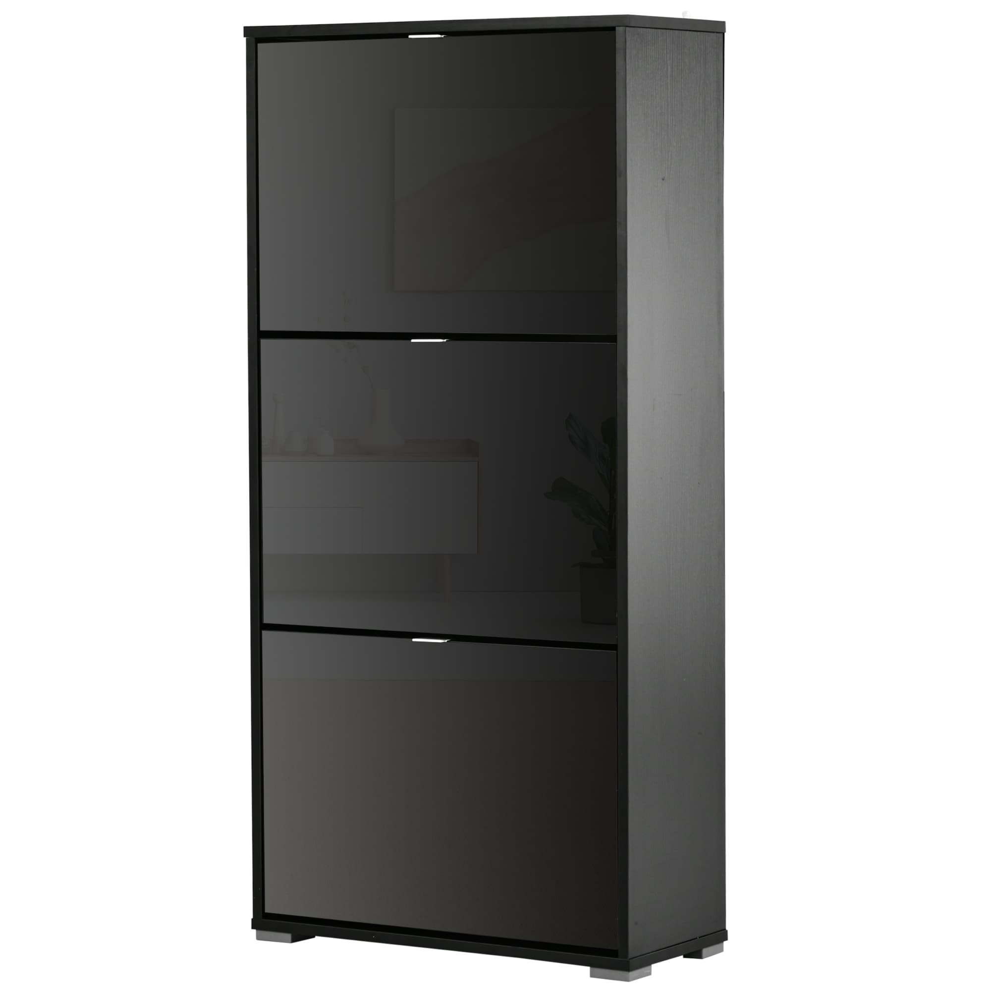 HOMCOM Meuble à chaussures design contemporain 3 portes abattantes 3 compartiments MDF 60L x 26I x 124H cm noir laqué